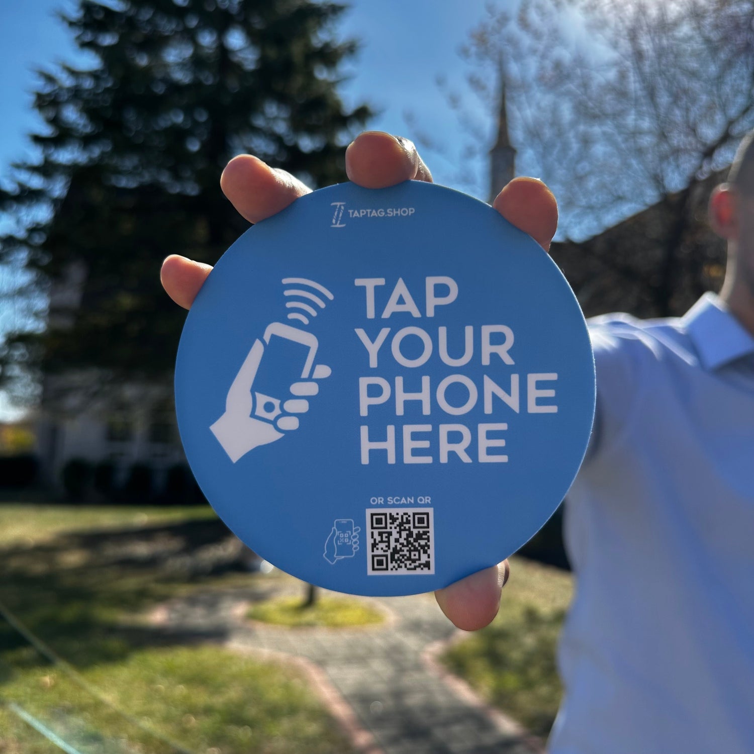 Tap sign for churches with QR code. Stick to a pew or fabric chair