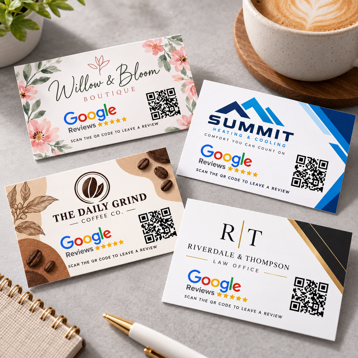 Custom paper handout Google review cards with QR code, sold in 500 or 1,000 packs
