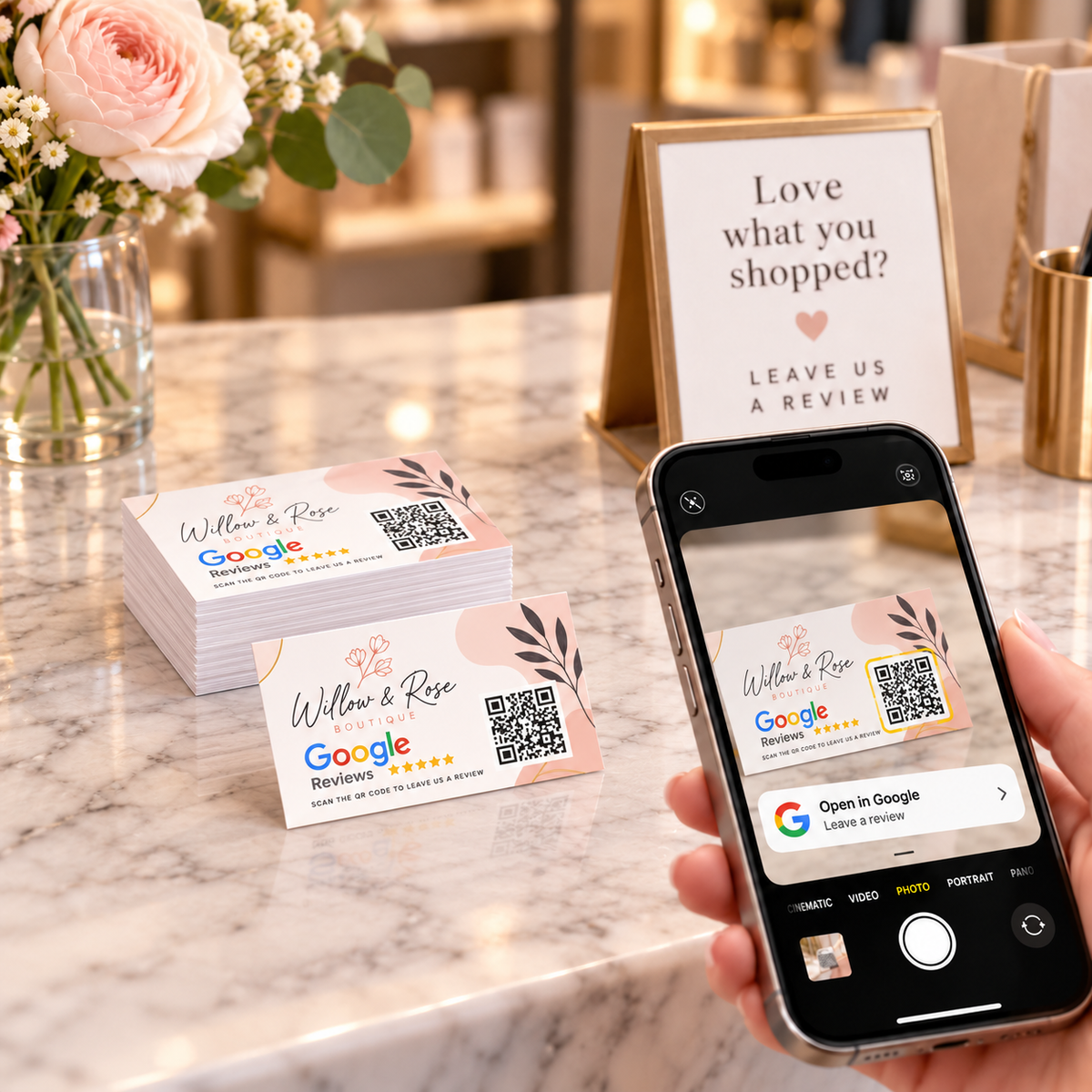 Custom paper handout Google review cards with QR code, sold in 500 or 1,000 packs
