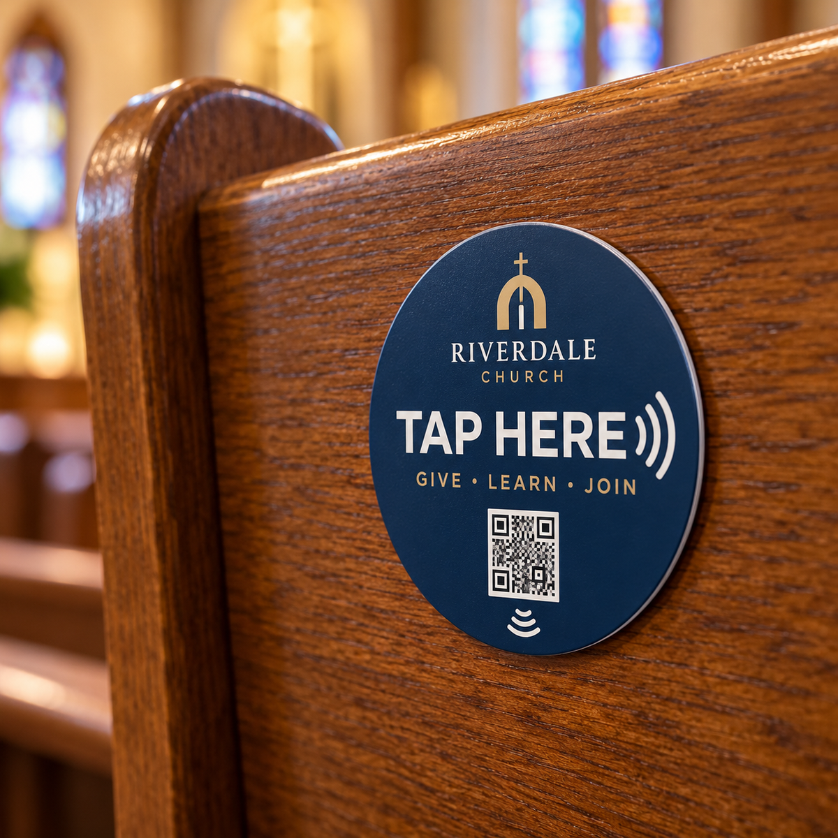 Custom Tap church sign for seating, tap or scan to give or see church info