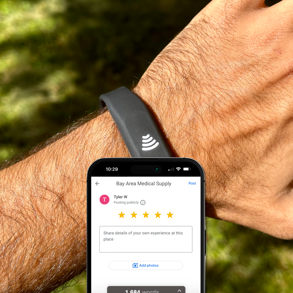 Silicone bracelets that taps to leave a google review. Google review tap bracelet