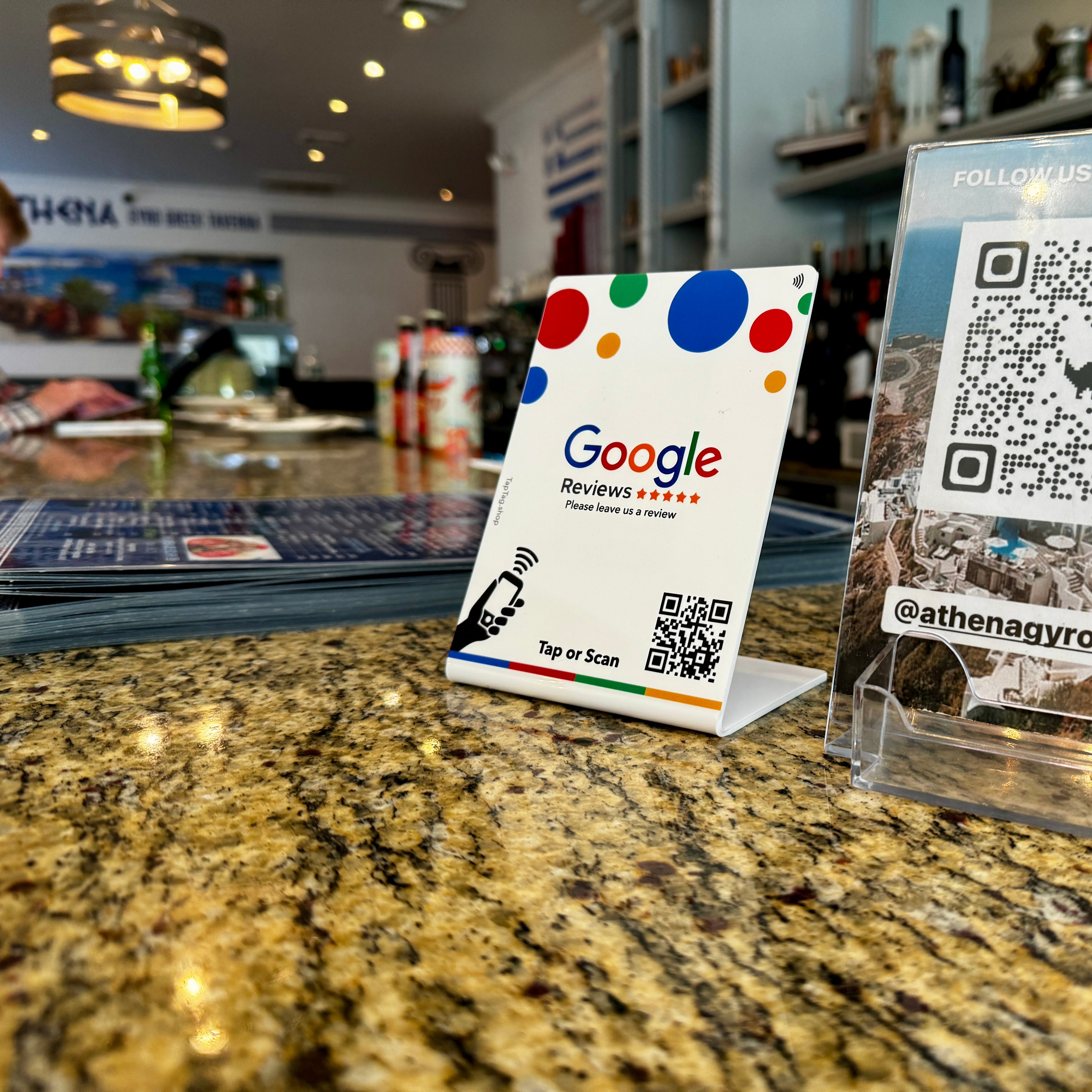 Tap Google Review Sign for counter or storefront. Google tap table topper standup L-shaped Sign to capture google reviews