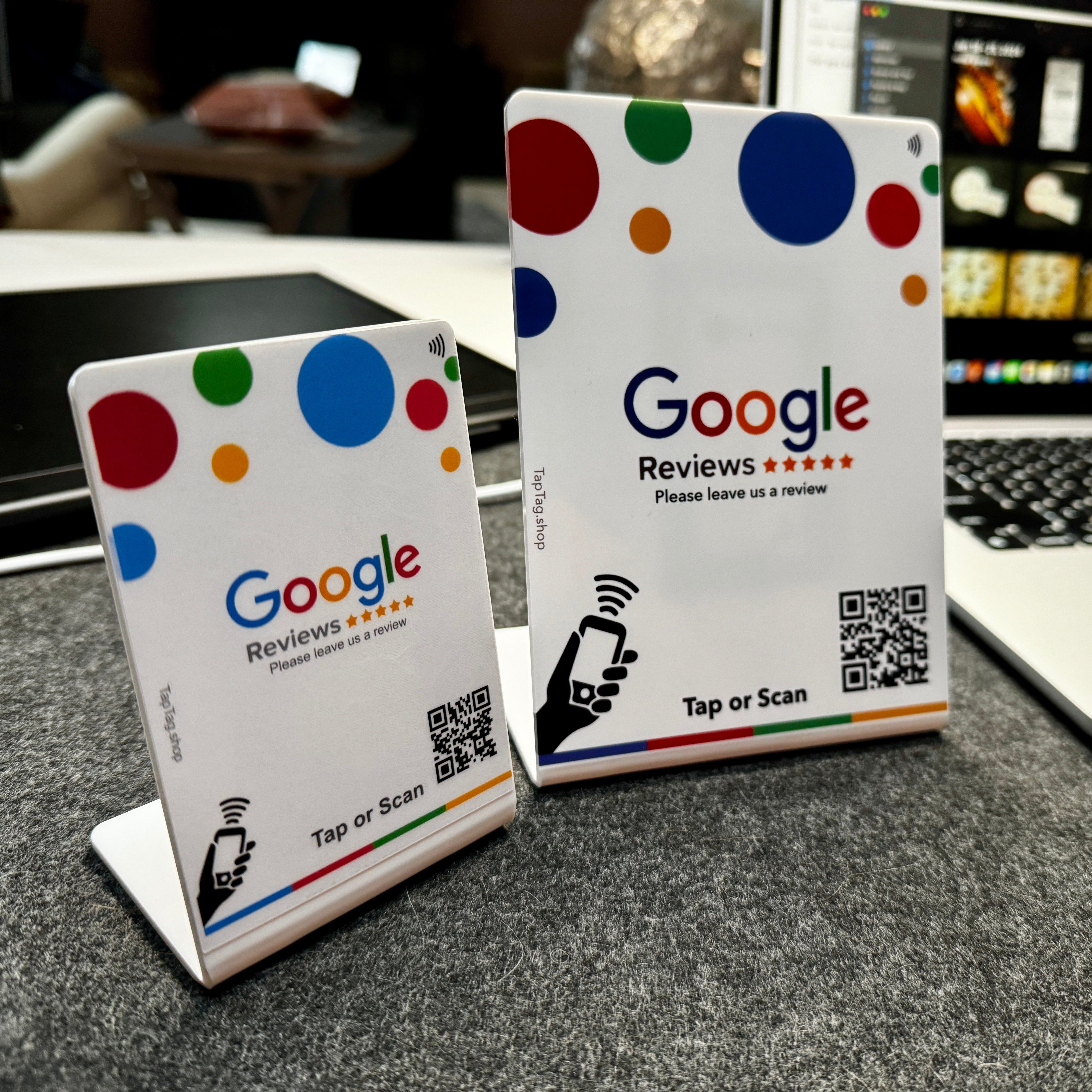 Tap Google Review Sign for counter or storefront . Google tap table topper standup L-shaped Sign to capture google reviews