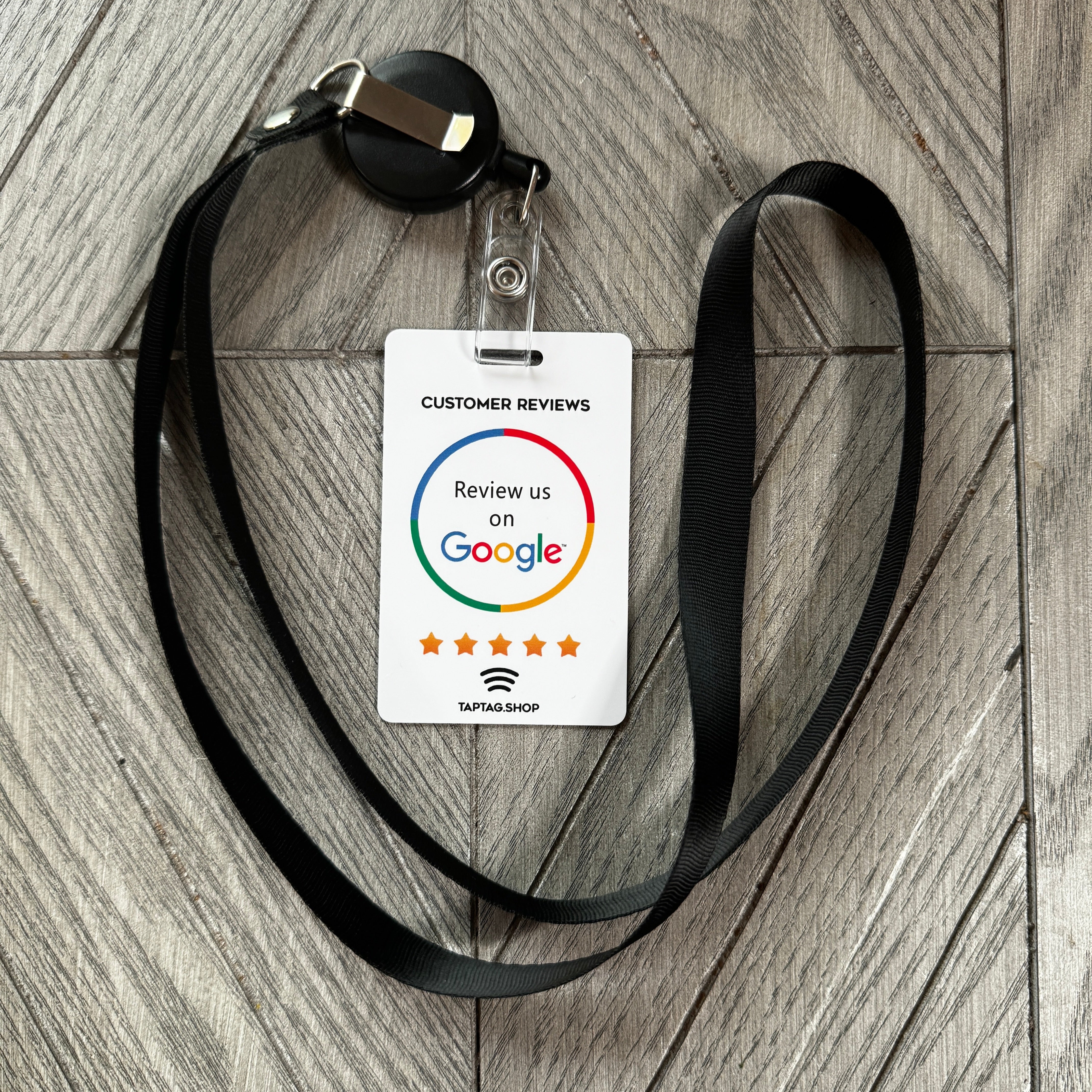Tap Google Lanyard. Tap for google reviews, has tap ability and QR code. Zip lanyard for belt loop
