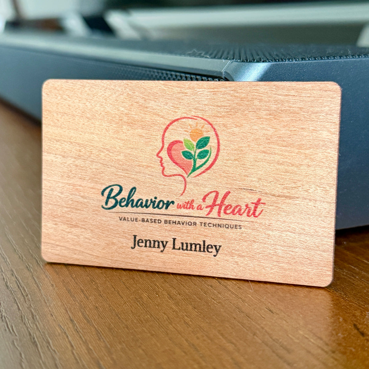 Custom Cherry wood nfc tap business card, tap to share contact info and digital profile. Custom artwork and logo in full color with a UV printed color edge to edge