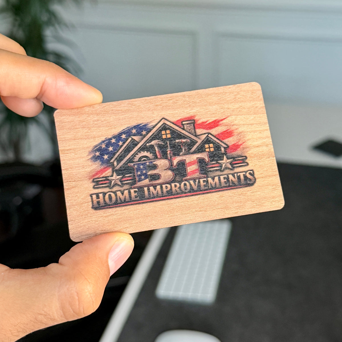 Custom Cherry wood nfc tap business card, tap to share contact info and digital profile. Custom artwork and logo in full color with a UV printed color edge to edge
