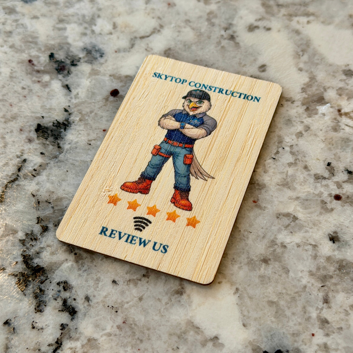 Custom Bamboo wood tap nfc business card with full color UV printed logo and text. tap to share contact information and digital profile