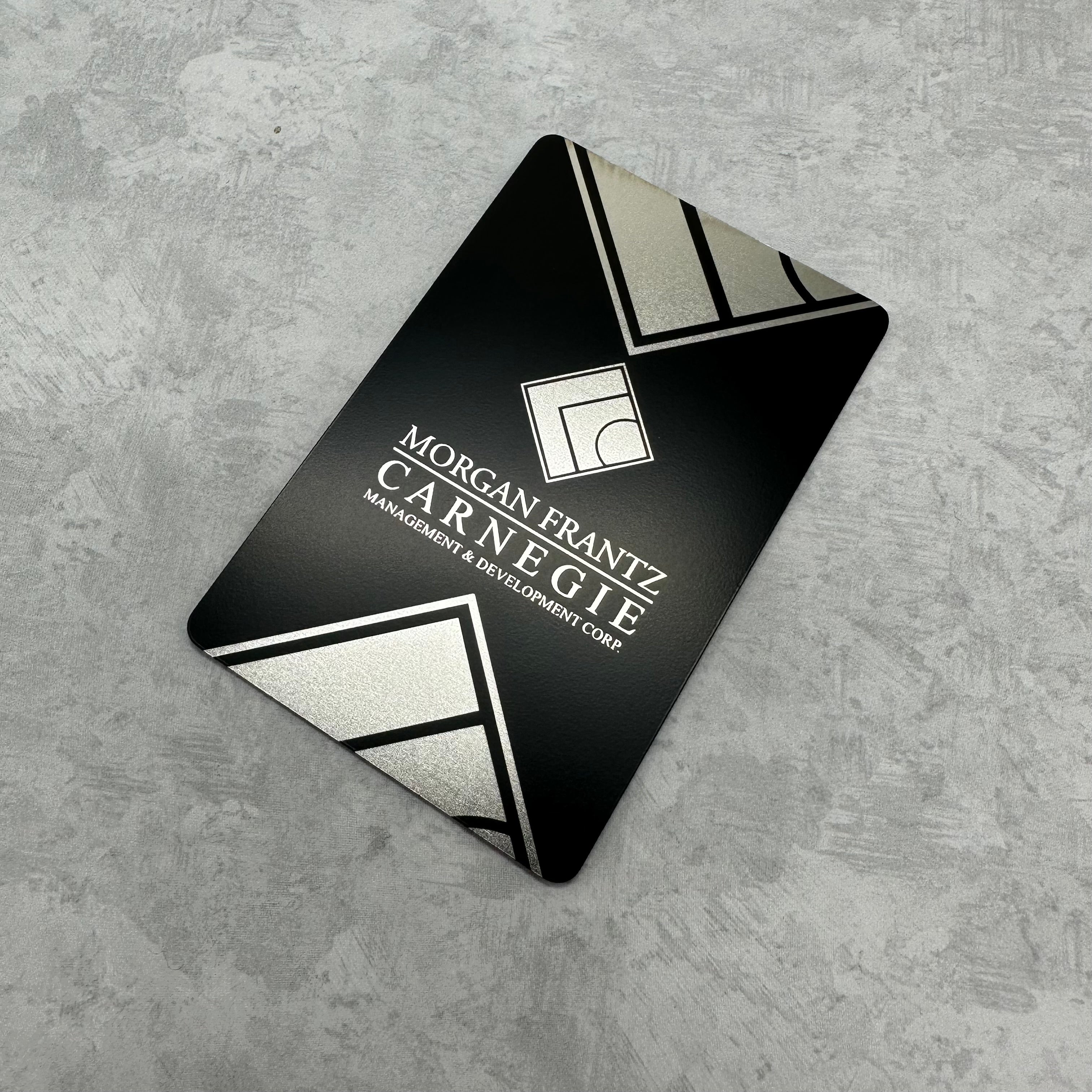 Custom Black steel tap business card, engraves silver on black. tap to share contact information and digital business card