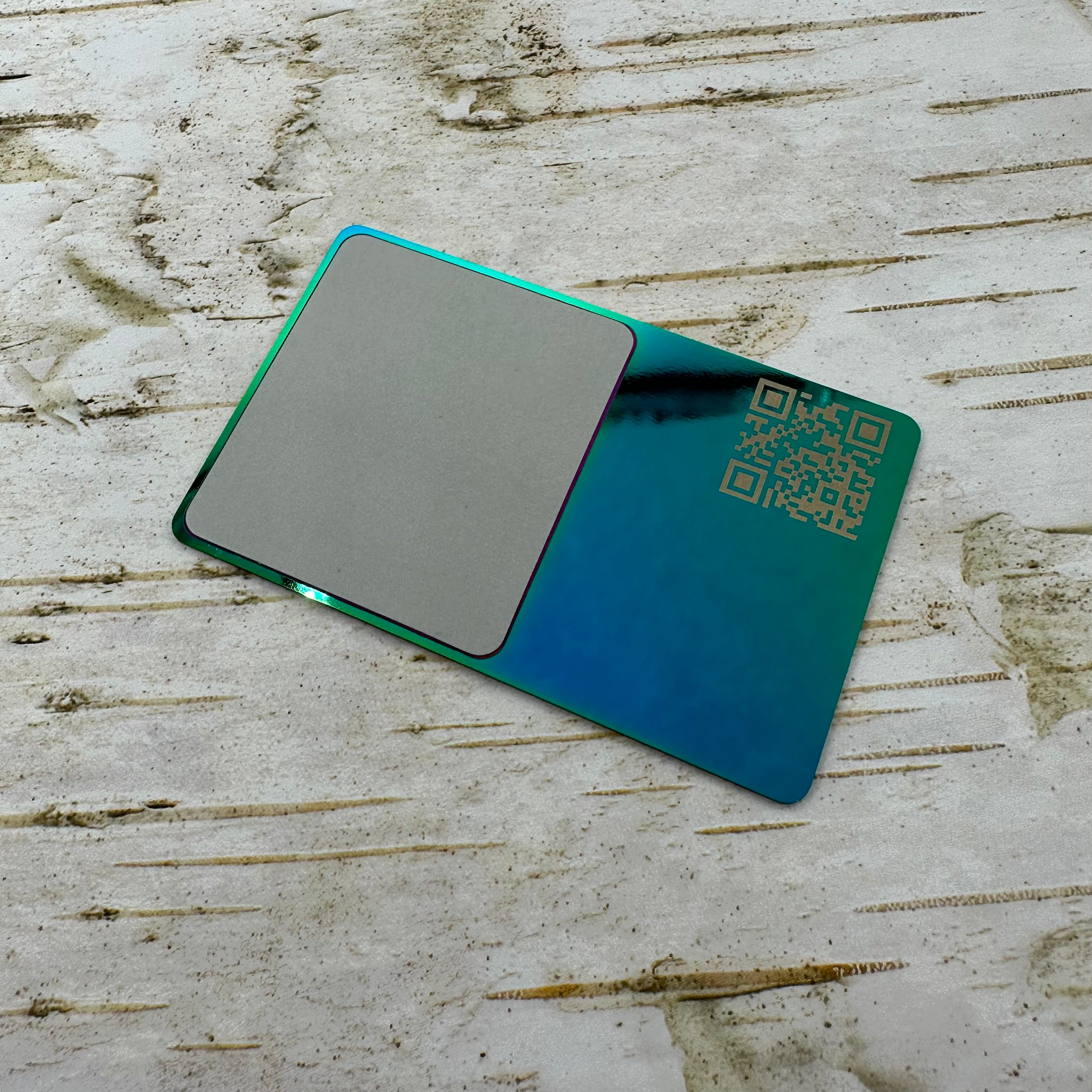 Custom engraved Iridescent chrome NFC Card, tap to share contact information and digital profile back of card
