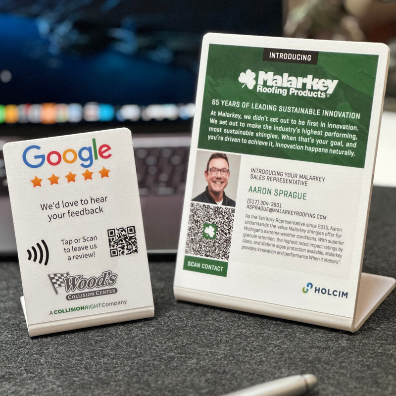 Custom stand up nfc tap sign. custom logo and artwork, QR. Tap to share contact info or google review