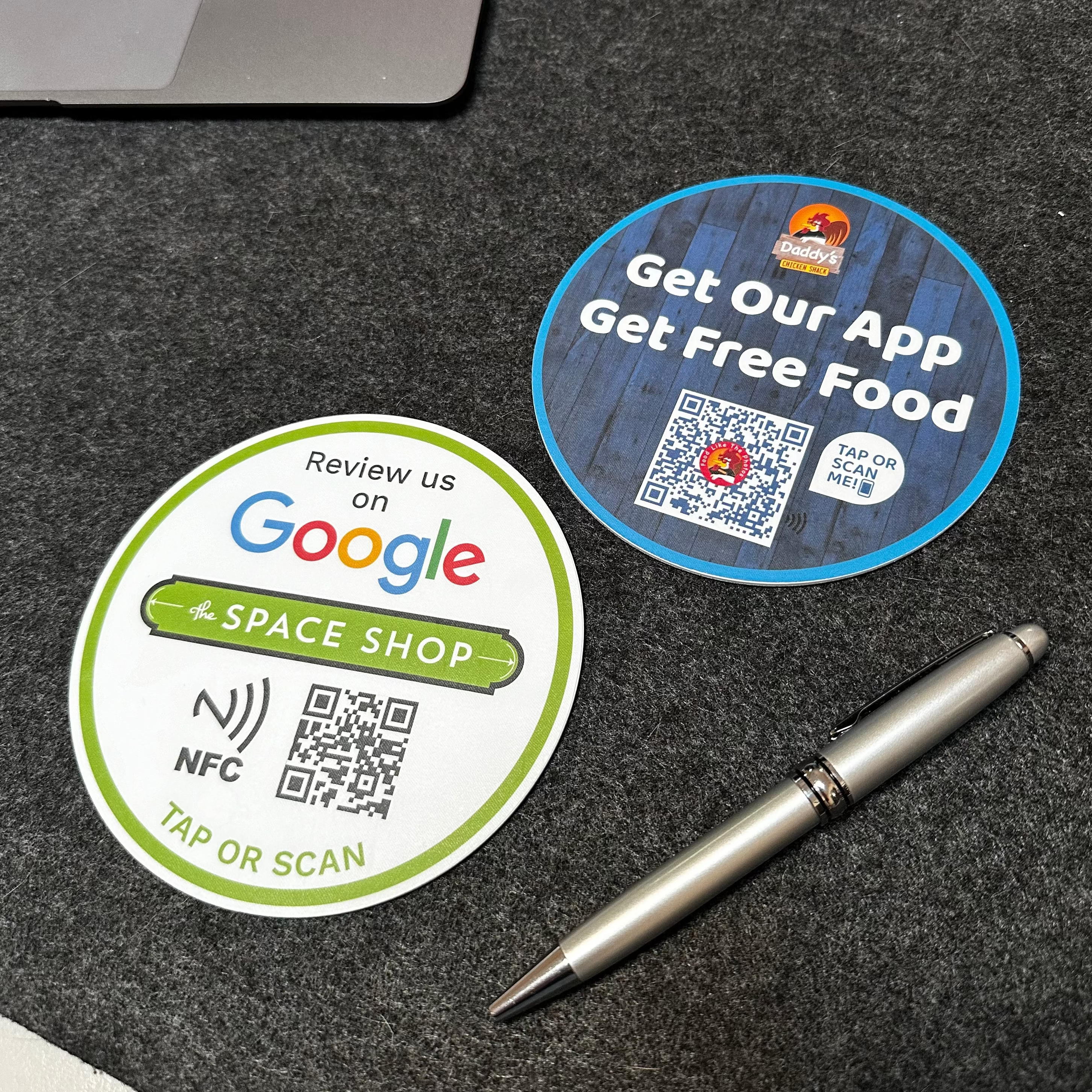 custom tap sticky counter sign plate. custom logo and qr, tap to share contact info and review site