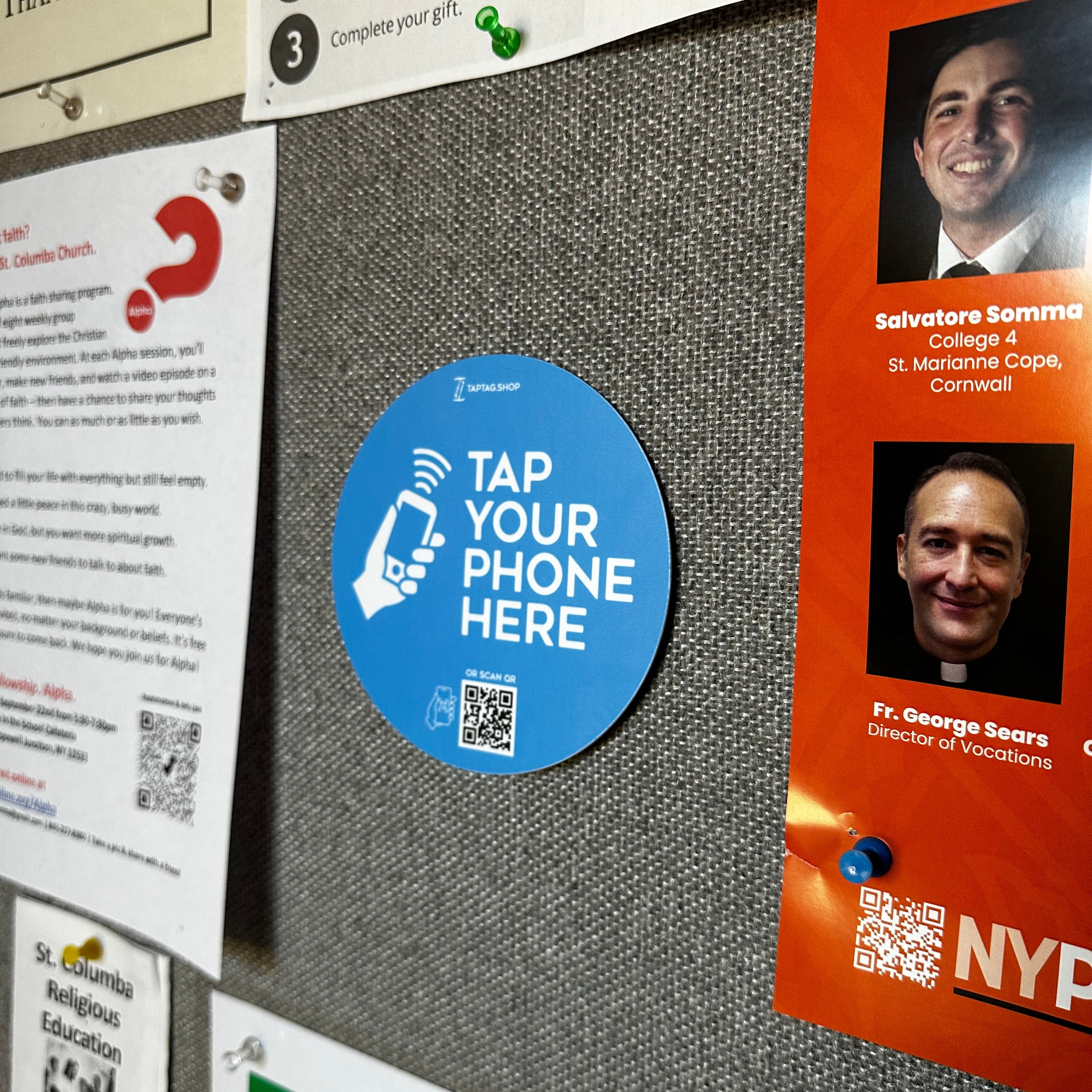 tap to scan qr sign on church bulletin board