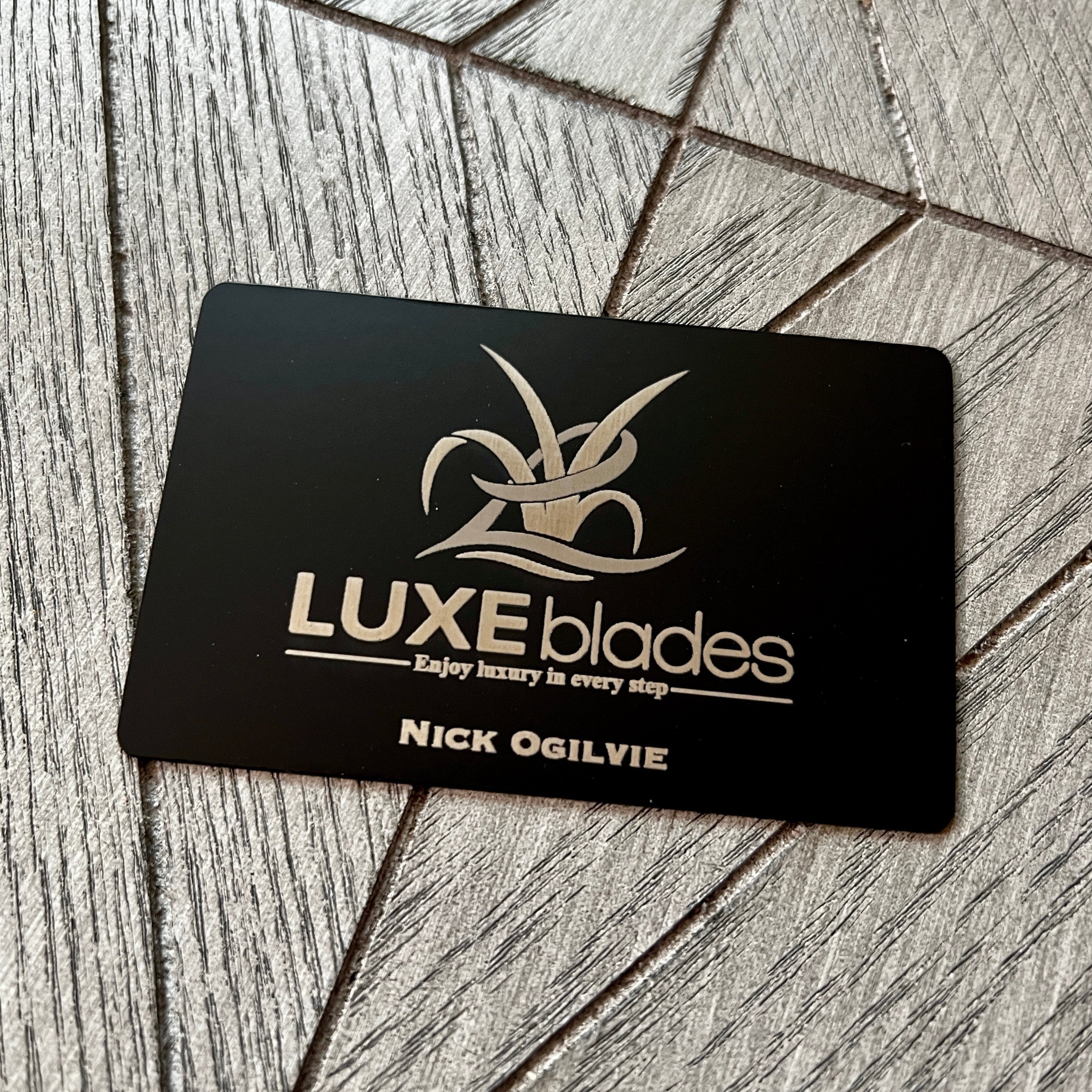 Custom Black steel tap business card, engraves silver on black. tap to share contact information and digital business card