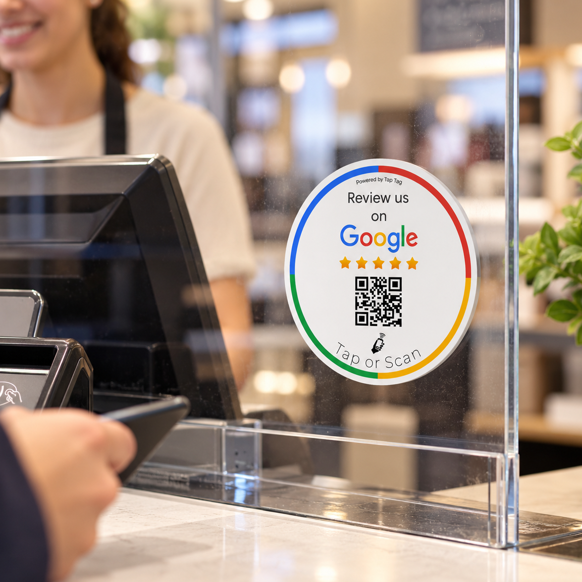 Tap Google Review sticky counter puck, tap or scan to leave a Google review. Sticky back