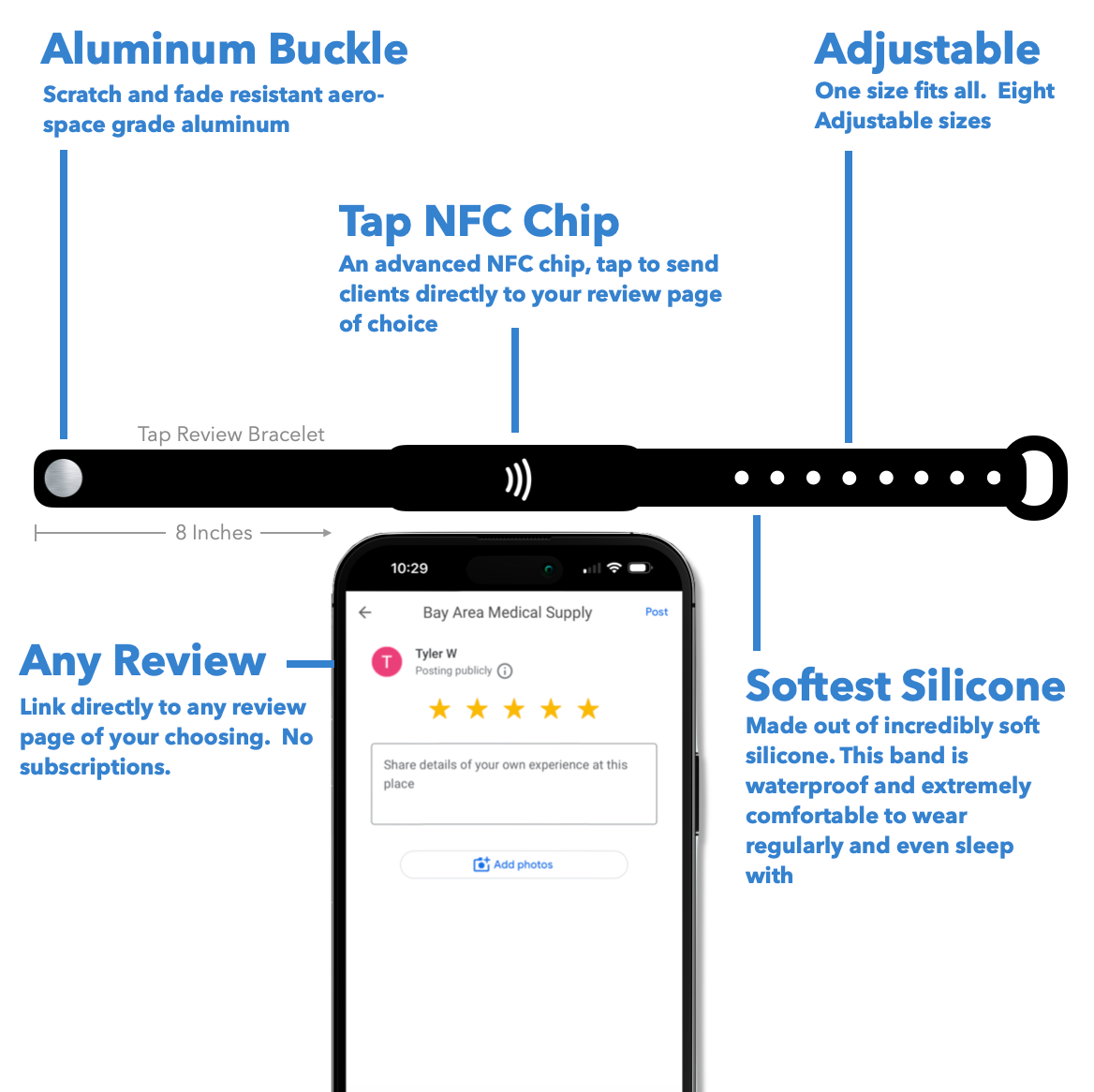 Silicone bracelets that taps to leave a google review. Google review tap bracelet