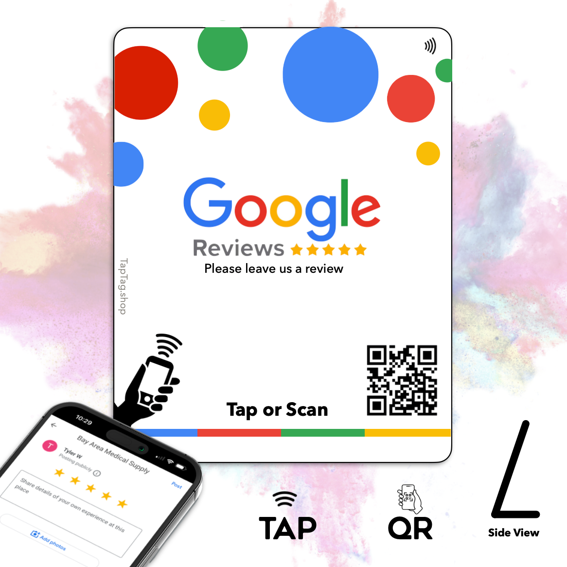 Standup tap counter sign for google and yelp. Google tap table topper standup L-shaped Sign to capture google reviews
