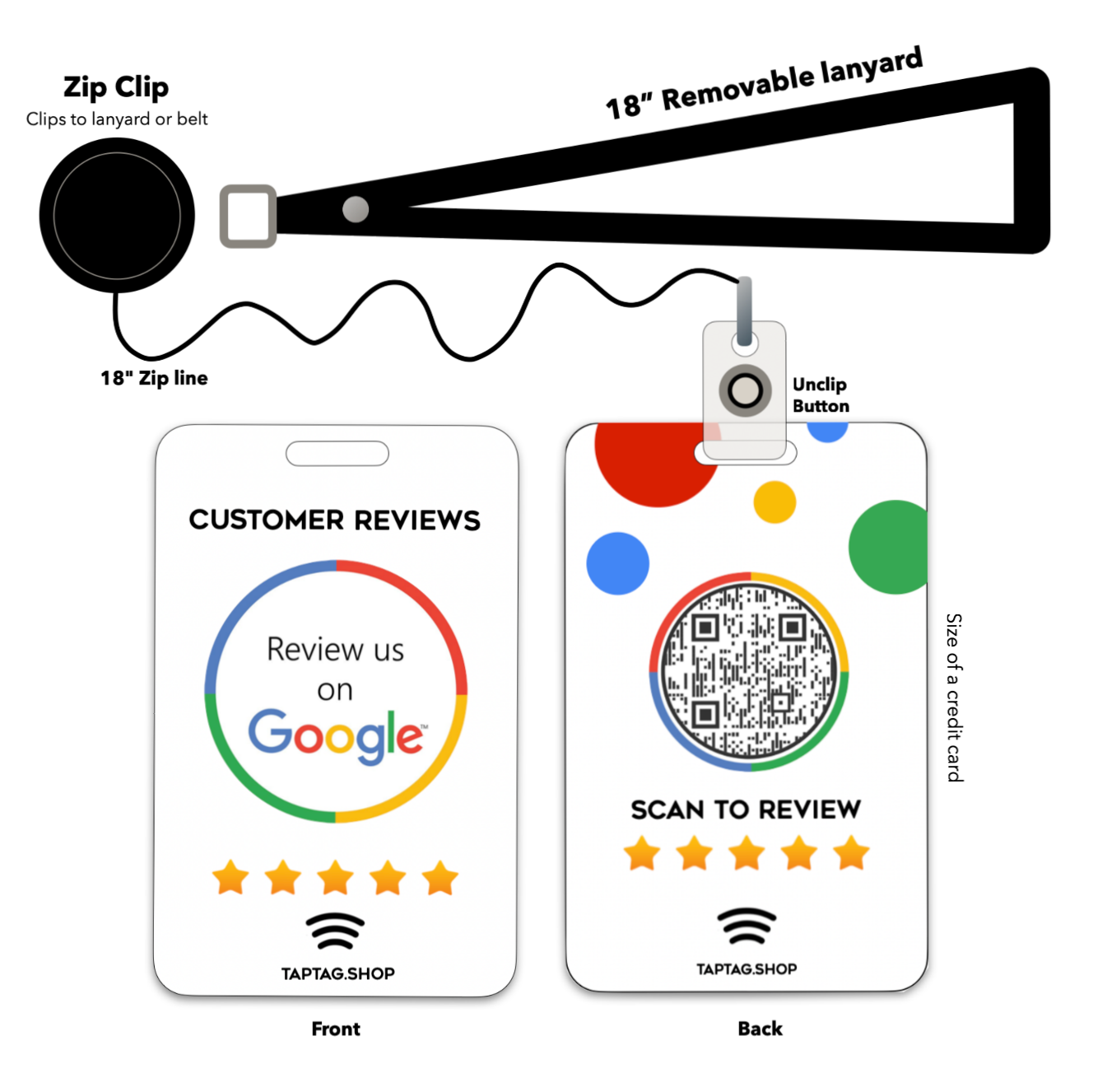 Tap Google Lanyard. Tap for google reviews, has tap ability and QR code. Zip lanyard for belt loop