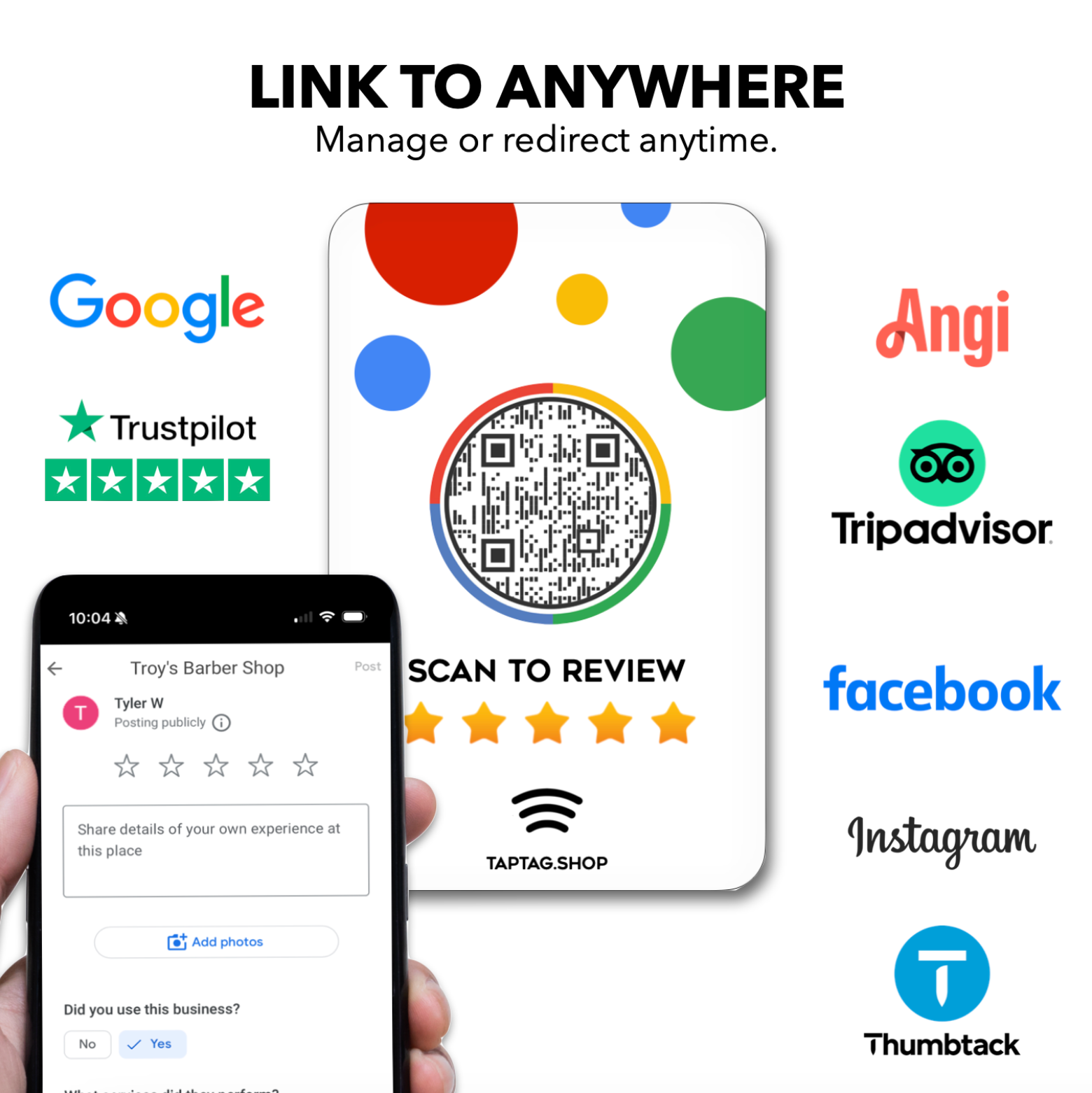 Tap review card that works with Yelp, Google, trust pilot and more