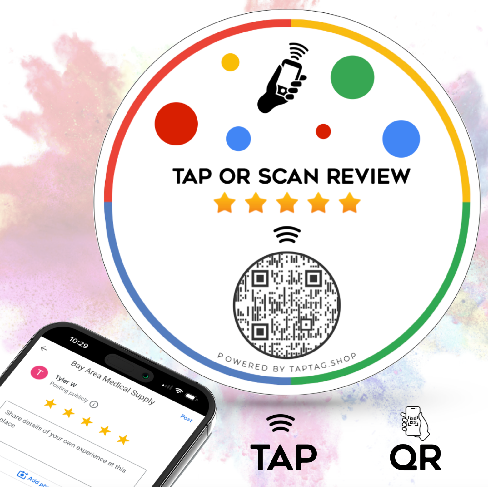 Interchangeable review sign for tapping to leave a review