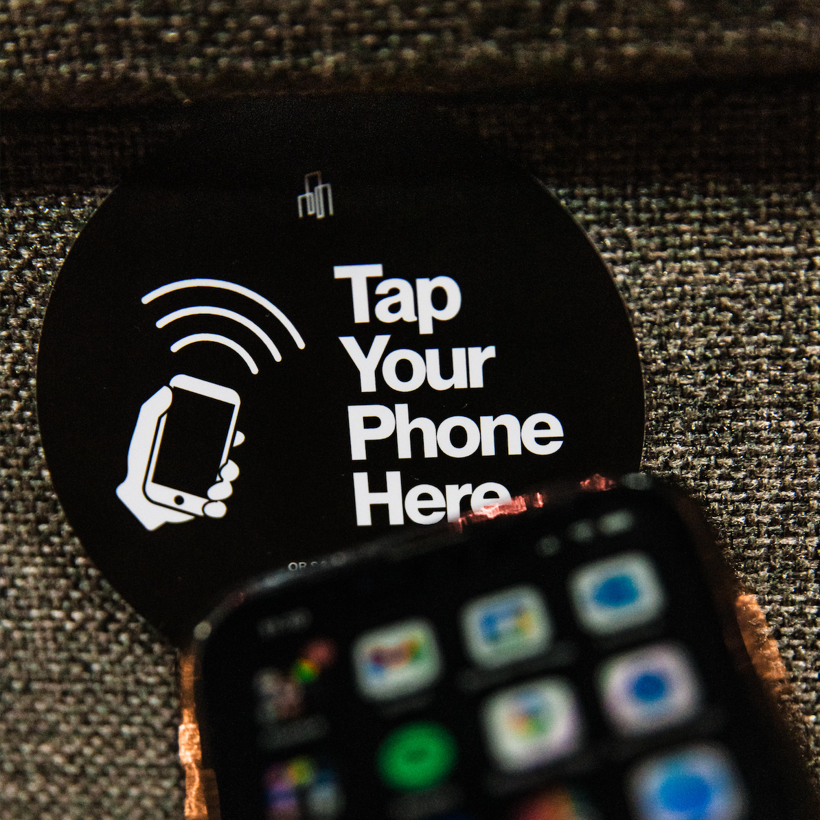 Custom Tap church sign for seating. Tap to give or tap to see info for members. upload your own graphic.. NFC tap tag. Sticky back for fabric chairs. Screw in option.