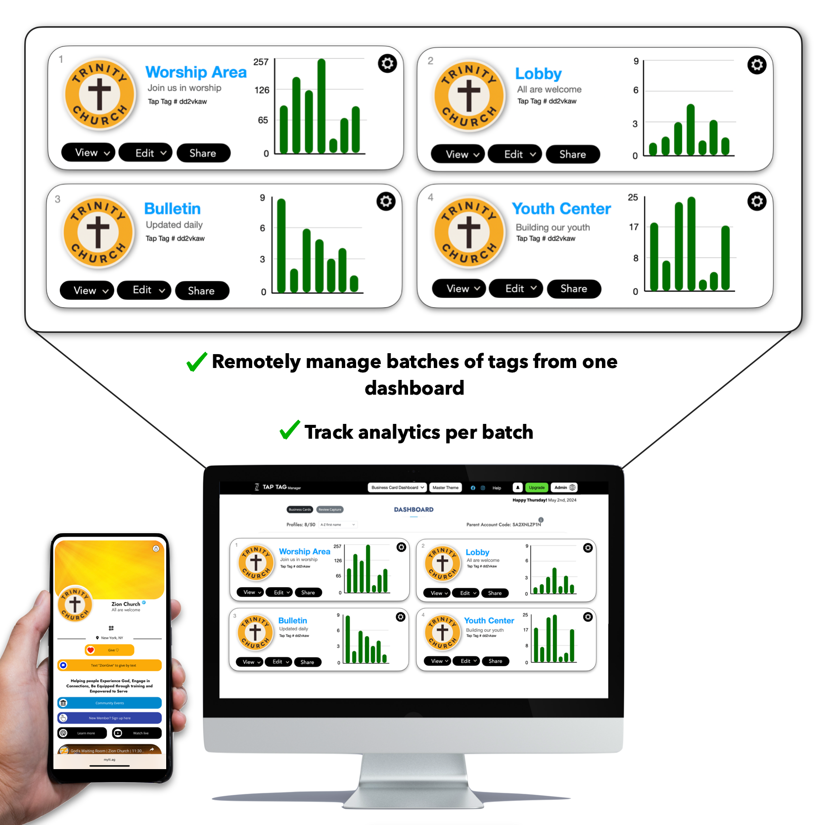 Tap Church signs, signs for church seating. dashboard for churches to manage tap NFC tags