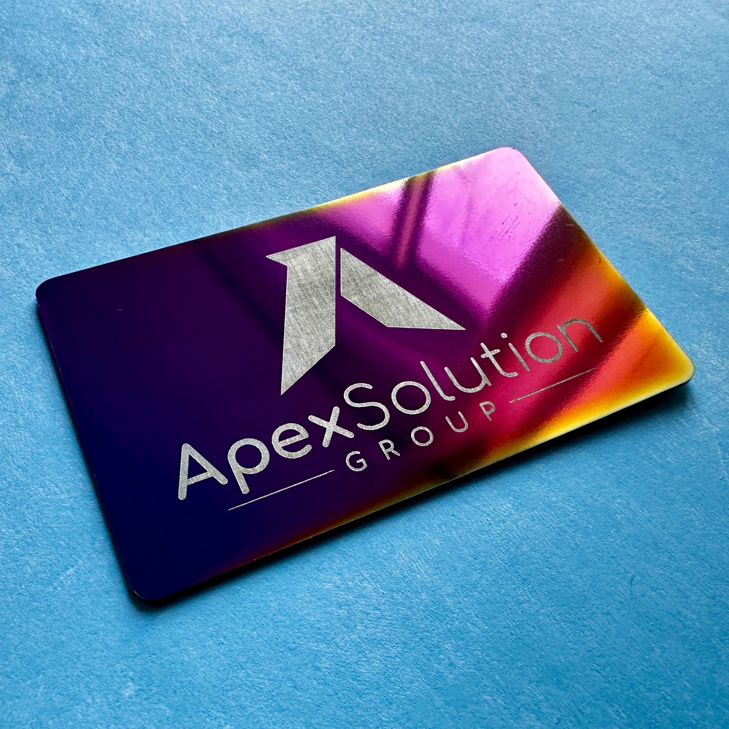 Custom engraved Iridescent chrome NFC Card, tap to share contact information and digital profile