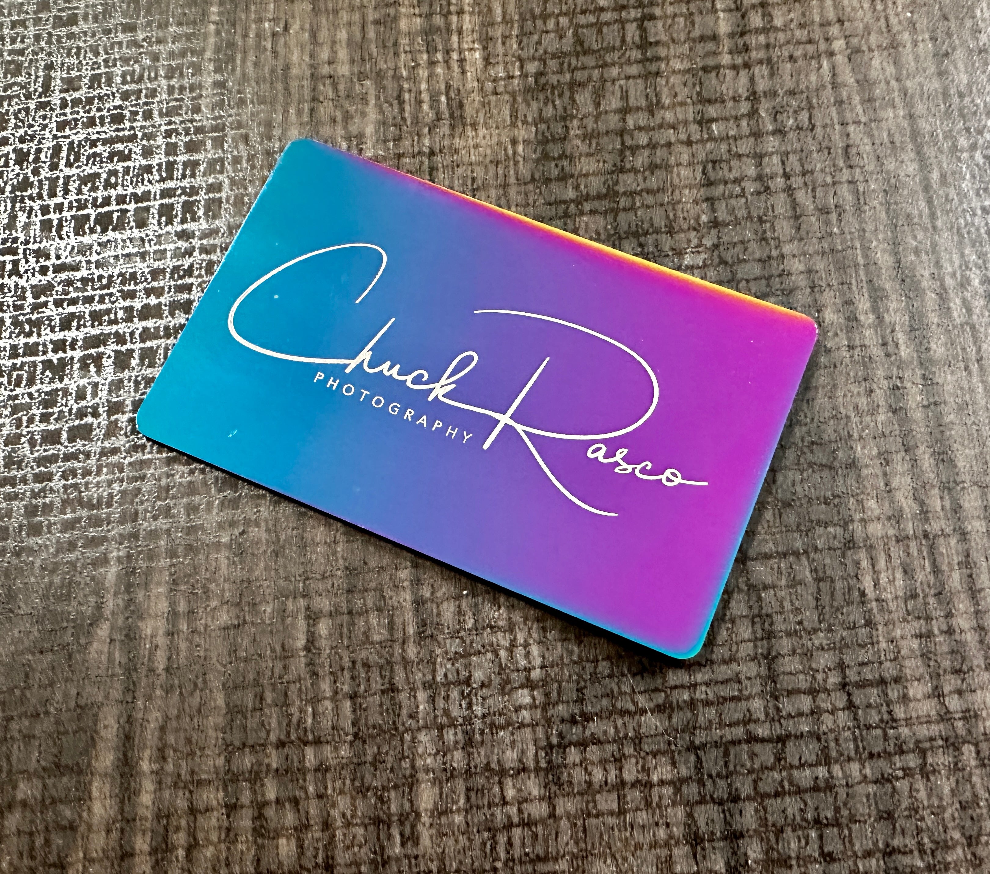 Custom engraved Iridescent chrome NFC Card, tap to share contact information and digital profile