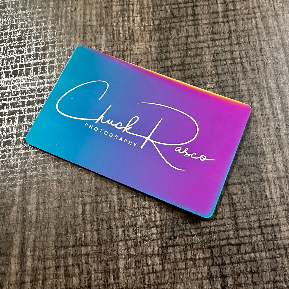 Custom engraved Iridescent chrome NFC Card, tap to share contact information and digital profile