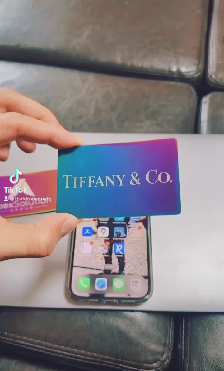 Custom engraved Iridescent chrome NFC Card, tap to share contact information and digital profile video