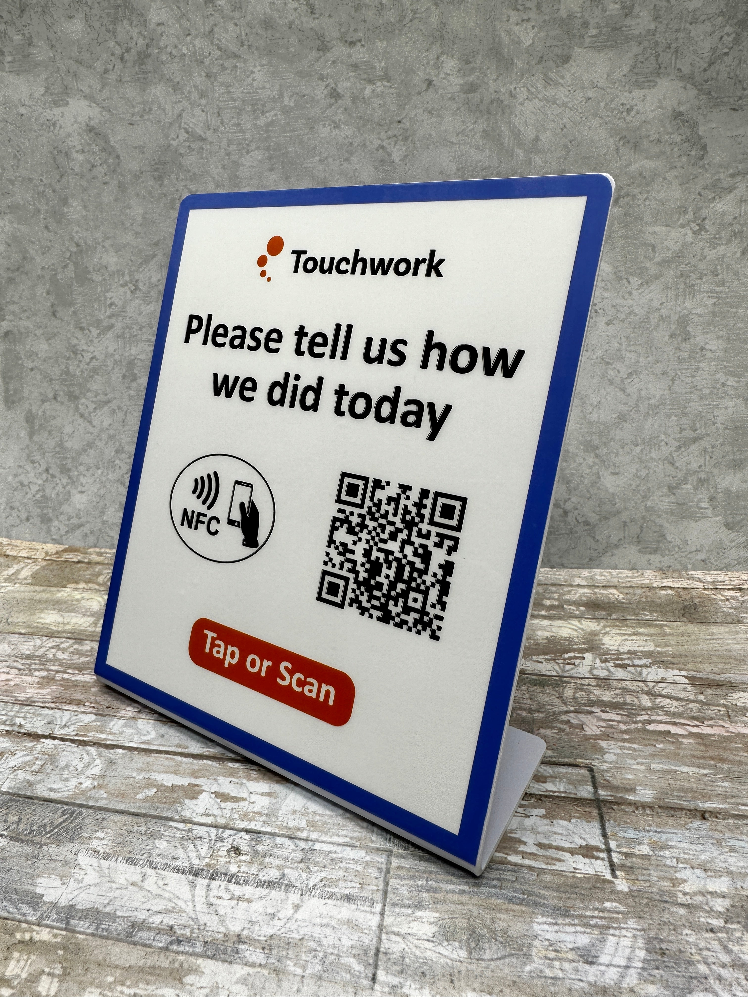 Custom stand up nfc tap sign. custom logo and artwork, QR. Tap to share contact info or google review