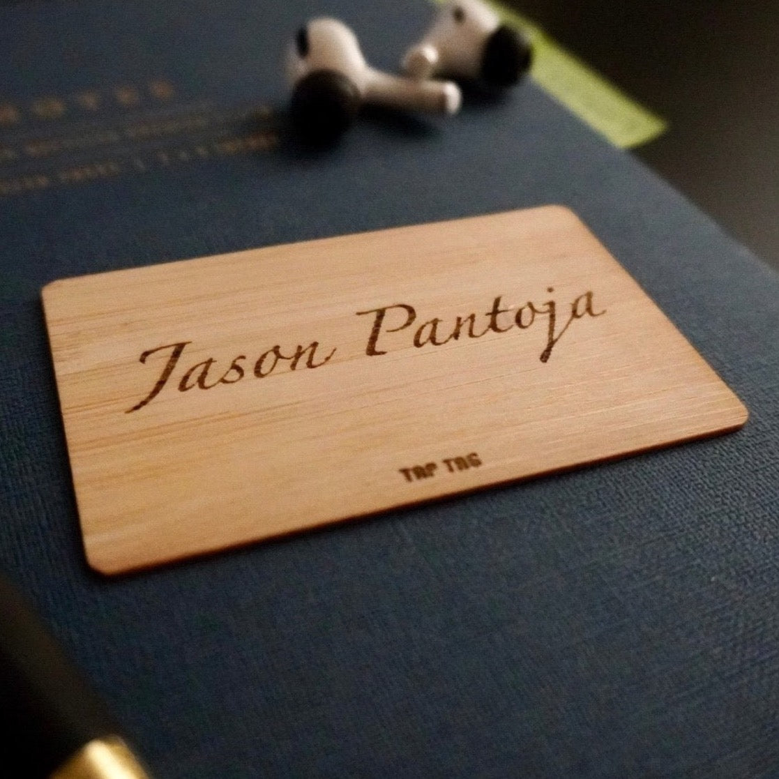 Custom Bamboo wood tap nfc business card. burn engraved logo and text. tap to share contact information and digital profile