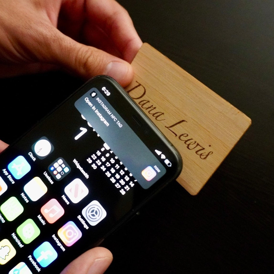 Custom Bamboo wood tap nfc business card. burn engraved logo and text. tap to share contact information and digital profile video