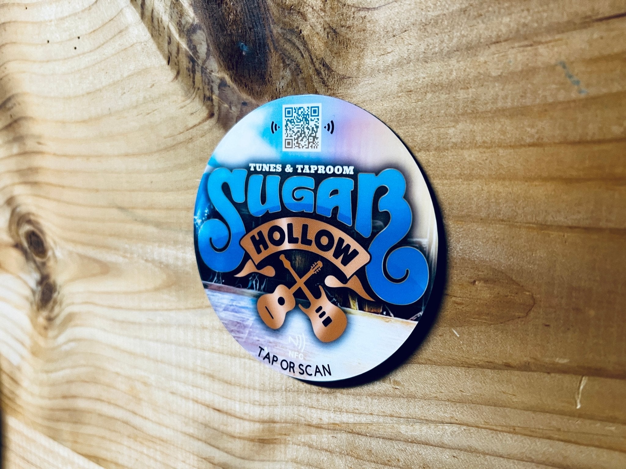 custom tap sticky counter sign plate. custom logo and qr, tap to share contact info and review site