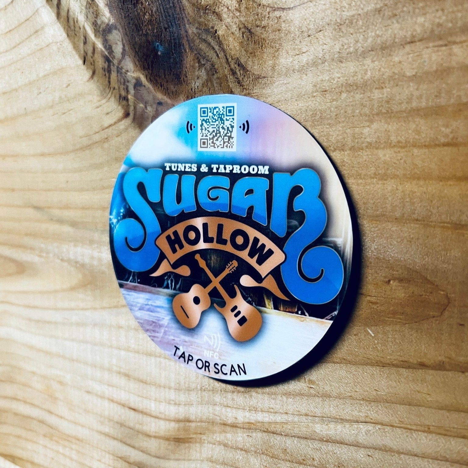 custom tap sticky counter sign plate. custom logo and qr, tap to share contact info and review site
