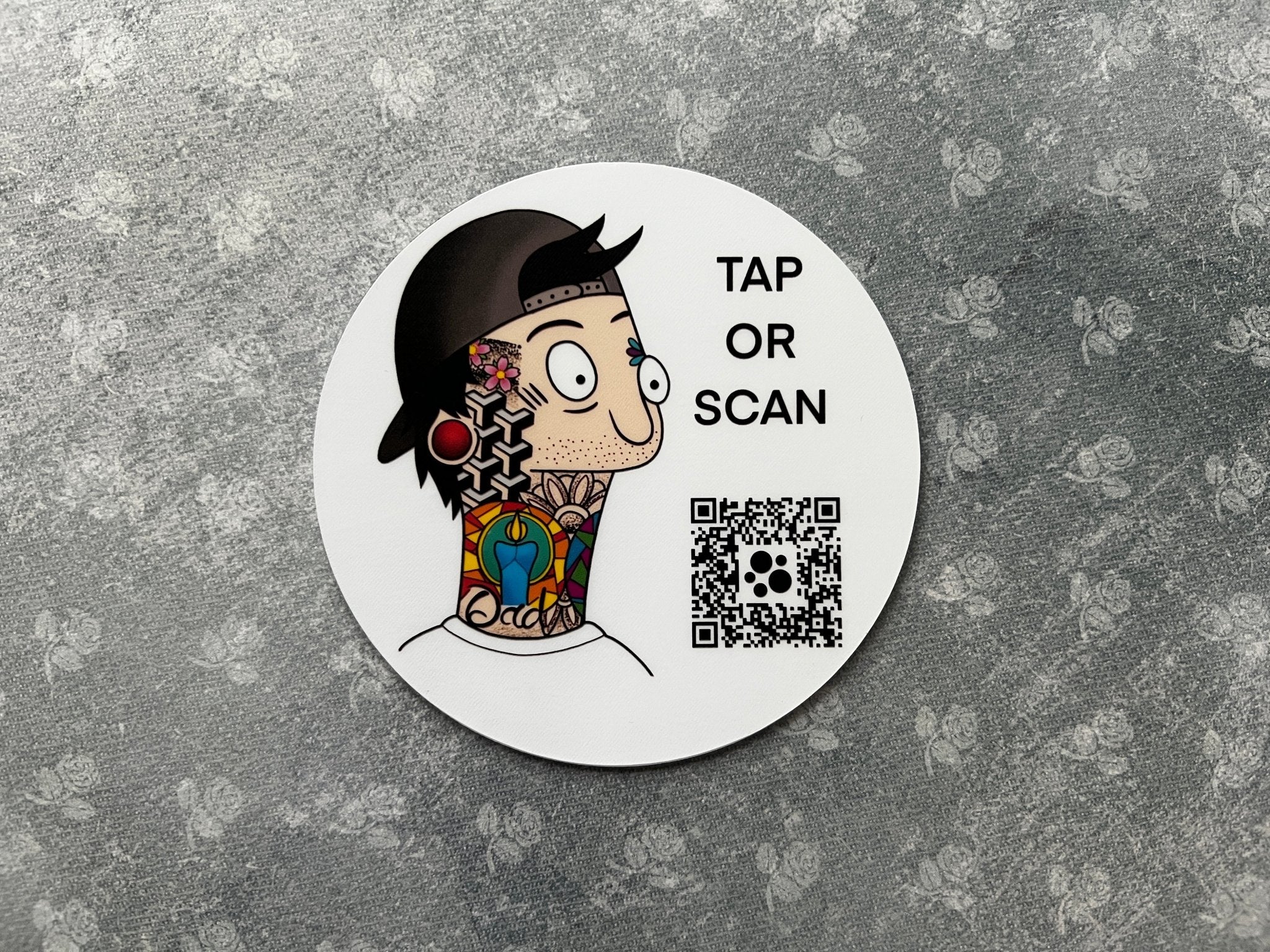 custom tap sticky counter sign plate. custom logo and qr, tap to share contact info and review site