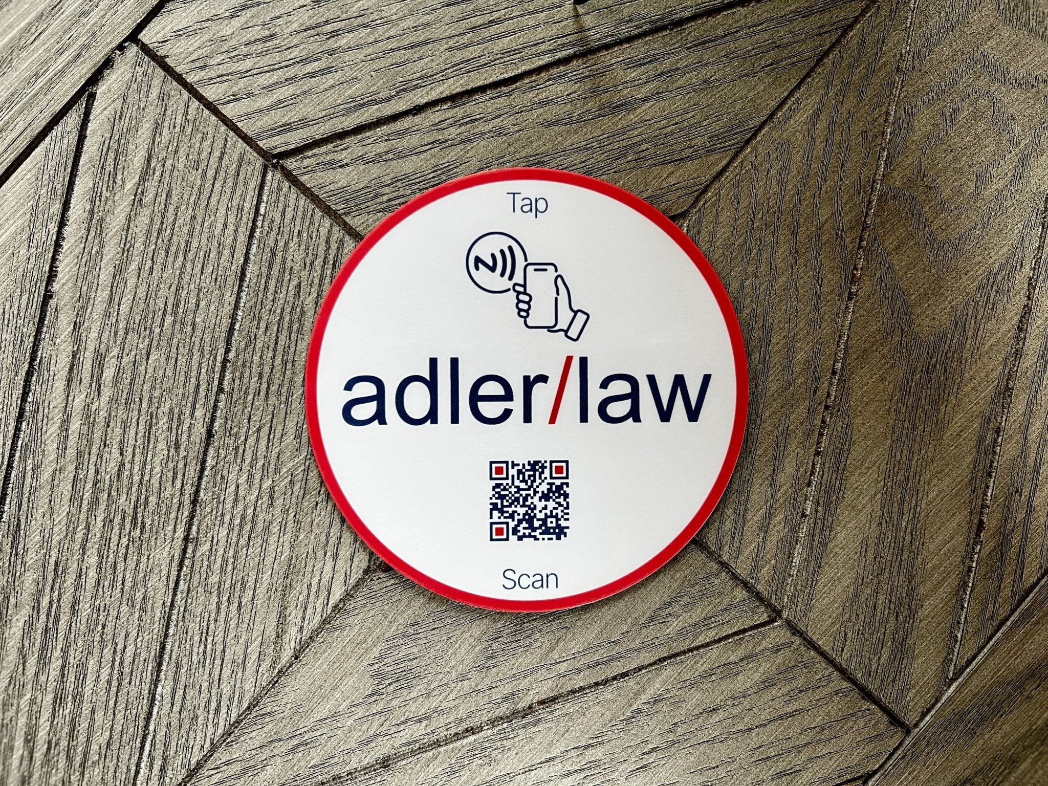 custom tap sticky counter sign plate. custom logo and qr, tap to share contact info and review site