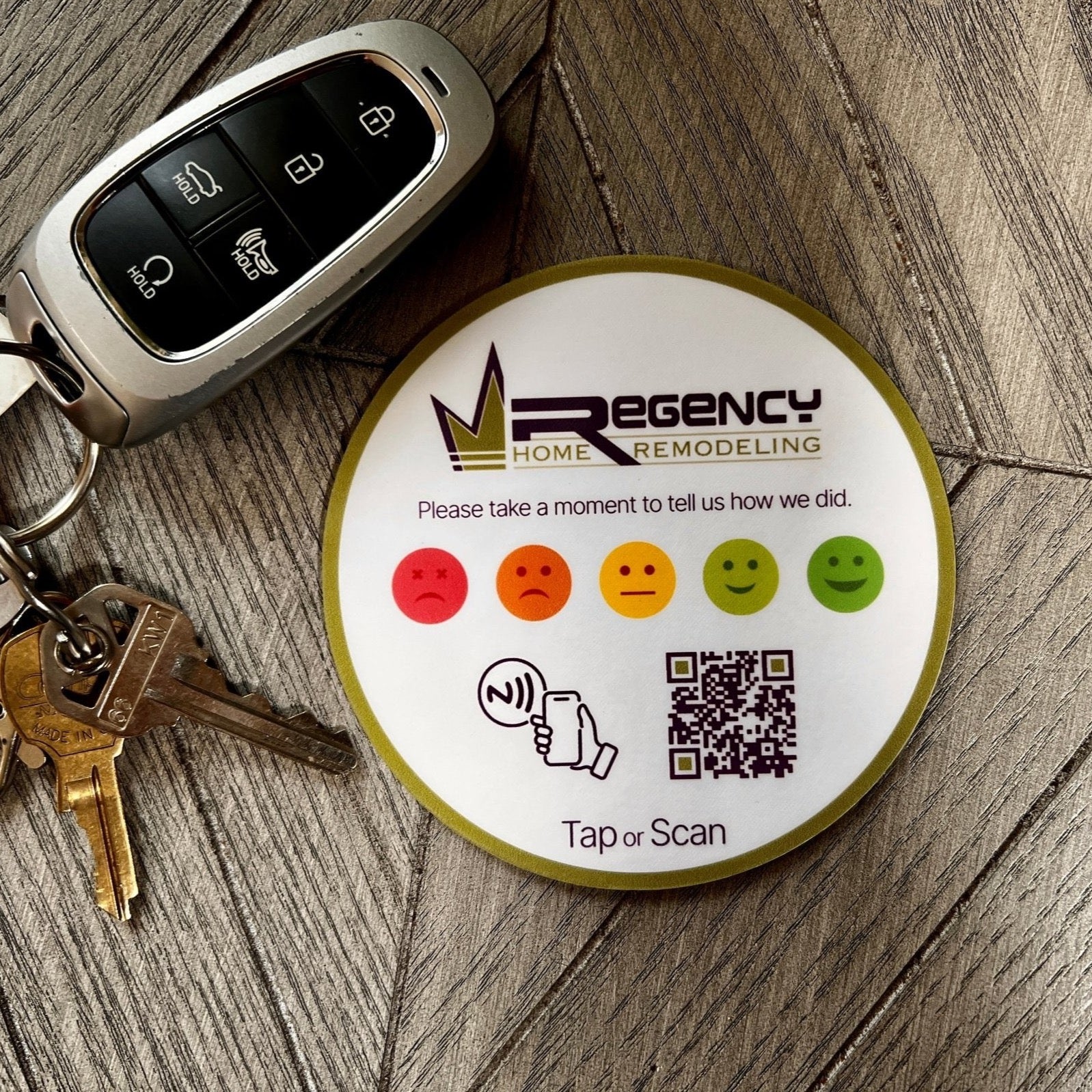 custom tap sticky counter sign plate. custom logo and qr, tap to share contact info and review site