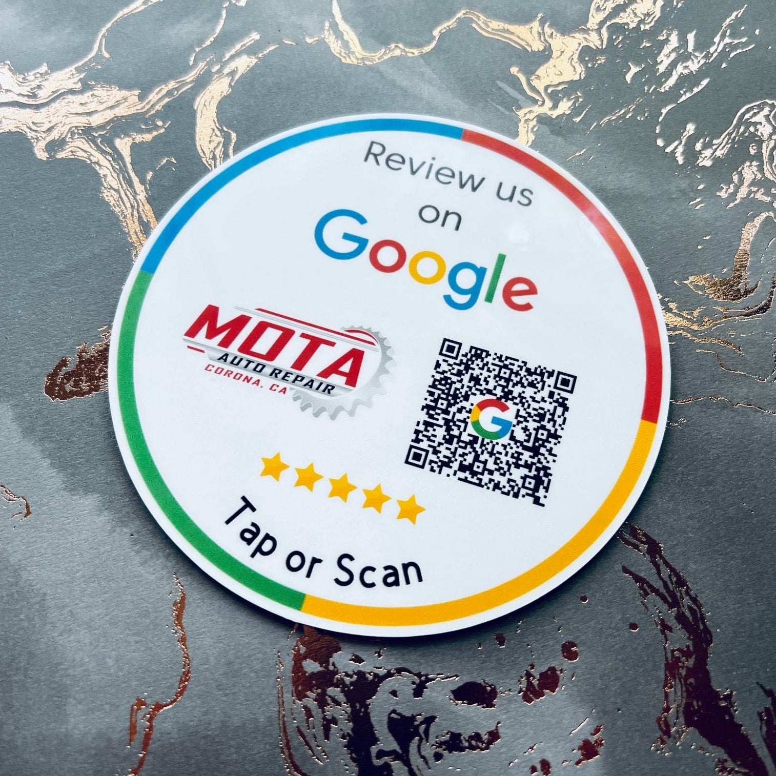 custom tap sticky counter sign plate. custom logo and qr, tap to share contact info and review site