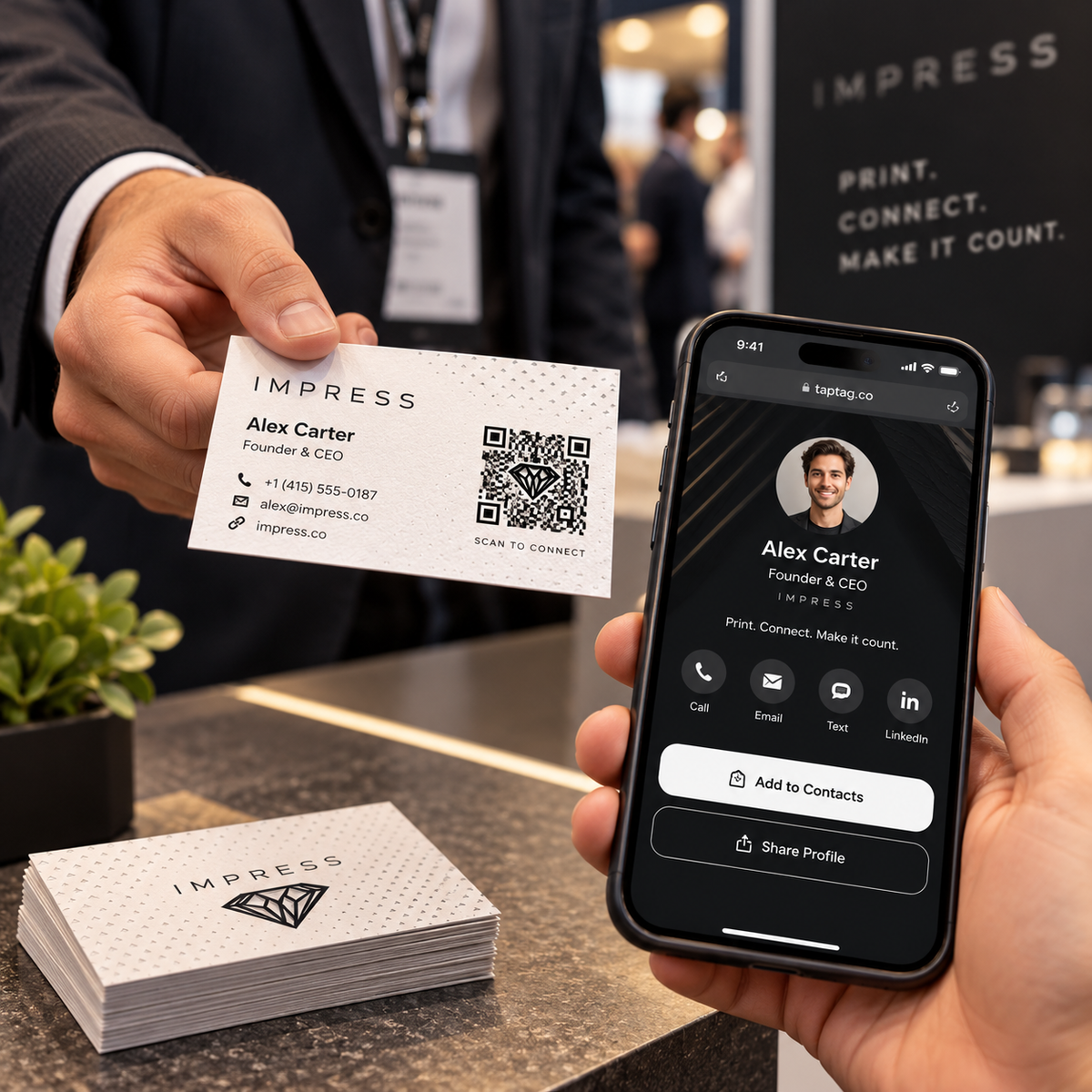 Paper business cards with a QR code that shares your contact info and digital profile when scanned