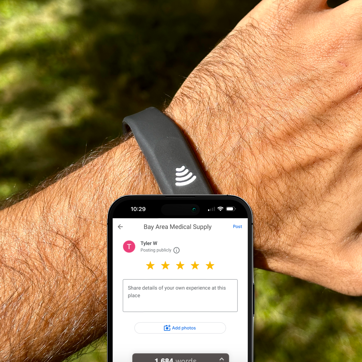 Silicone bracelets that taps to leave a google review. Google review tap bracelet 