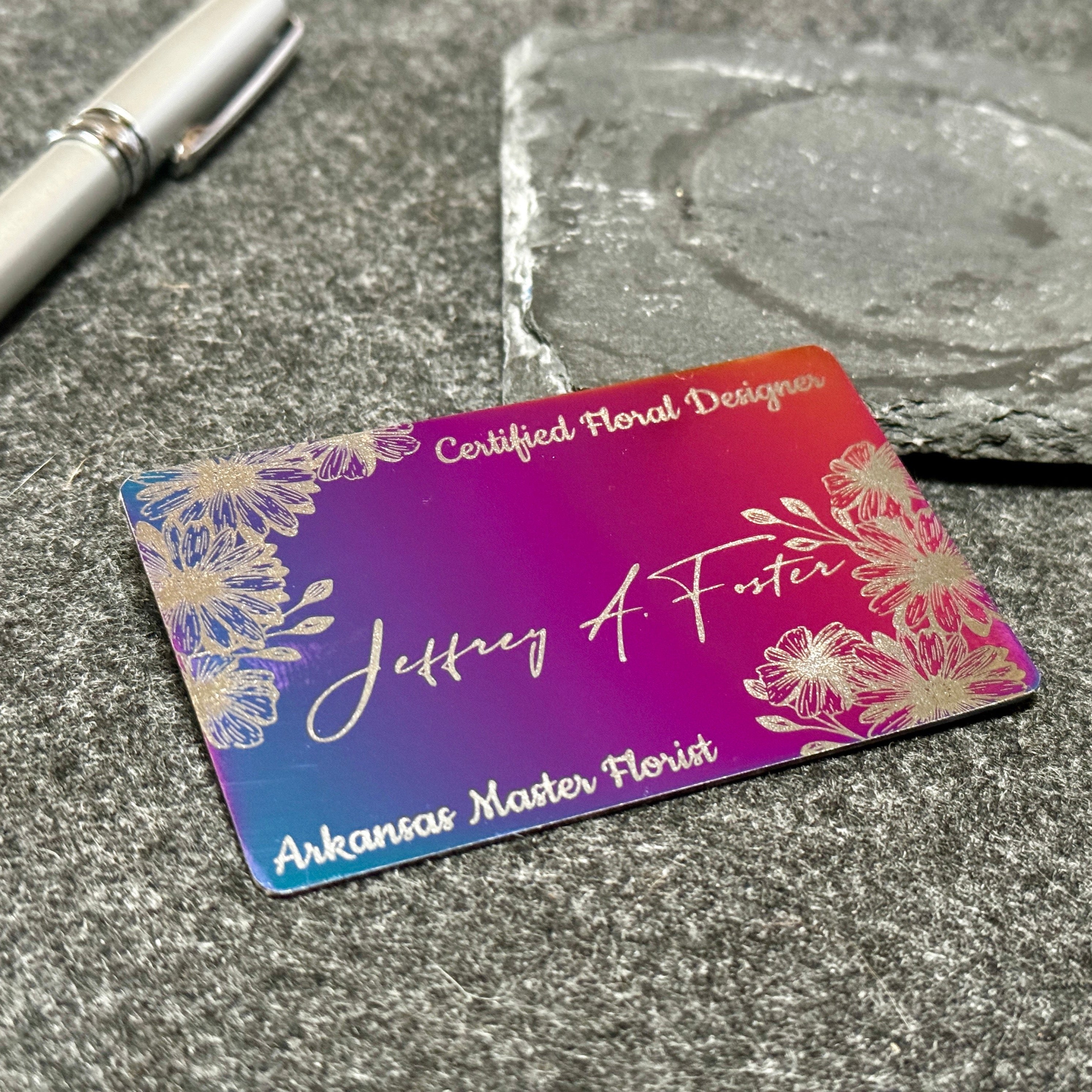 Custom engraved Iridescent chrome NFC Card, tap to share contact information and digital profile