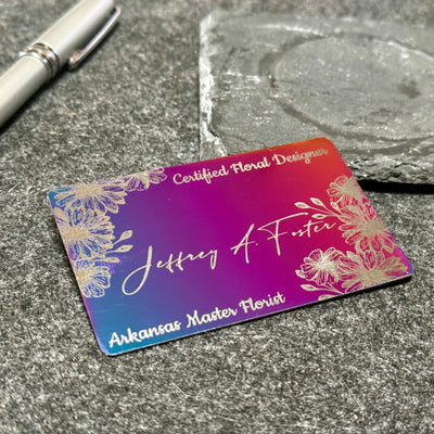 Custom engraved Iridescent chrome NFC Card, tap to share contact information and digital profile