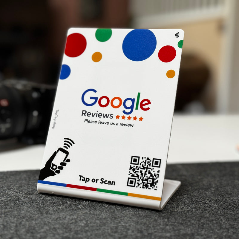 Best Standup tap counter sign for getting google reviews for your business. Get 5 stars easily with a tap or scan of the QR code 