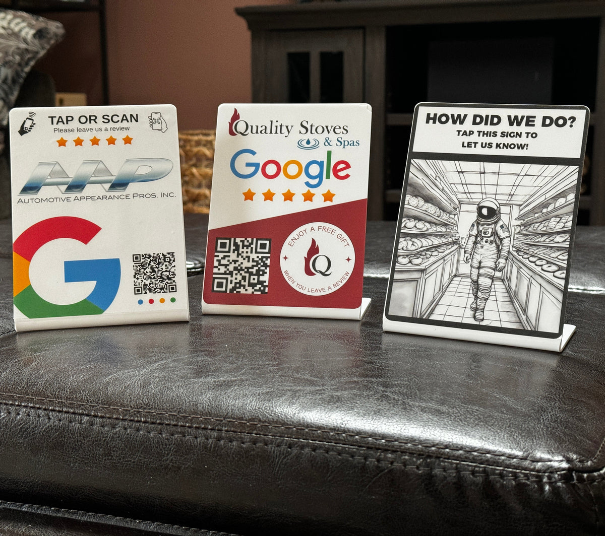 Custom stand up nfc tap sign. custom logo and artwork, QR. Tap to share contact info or google review