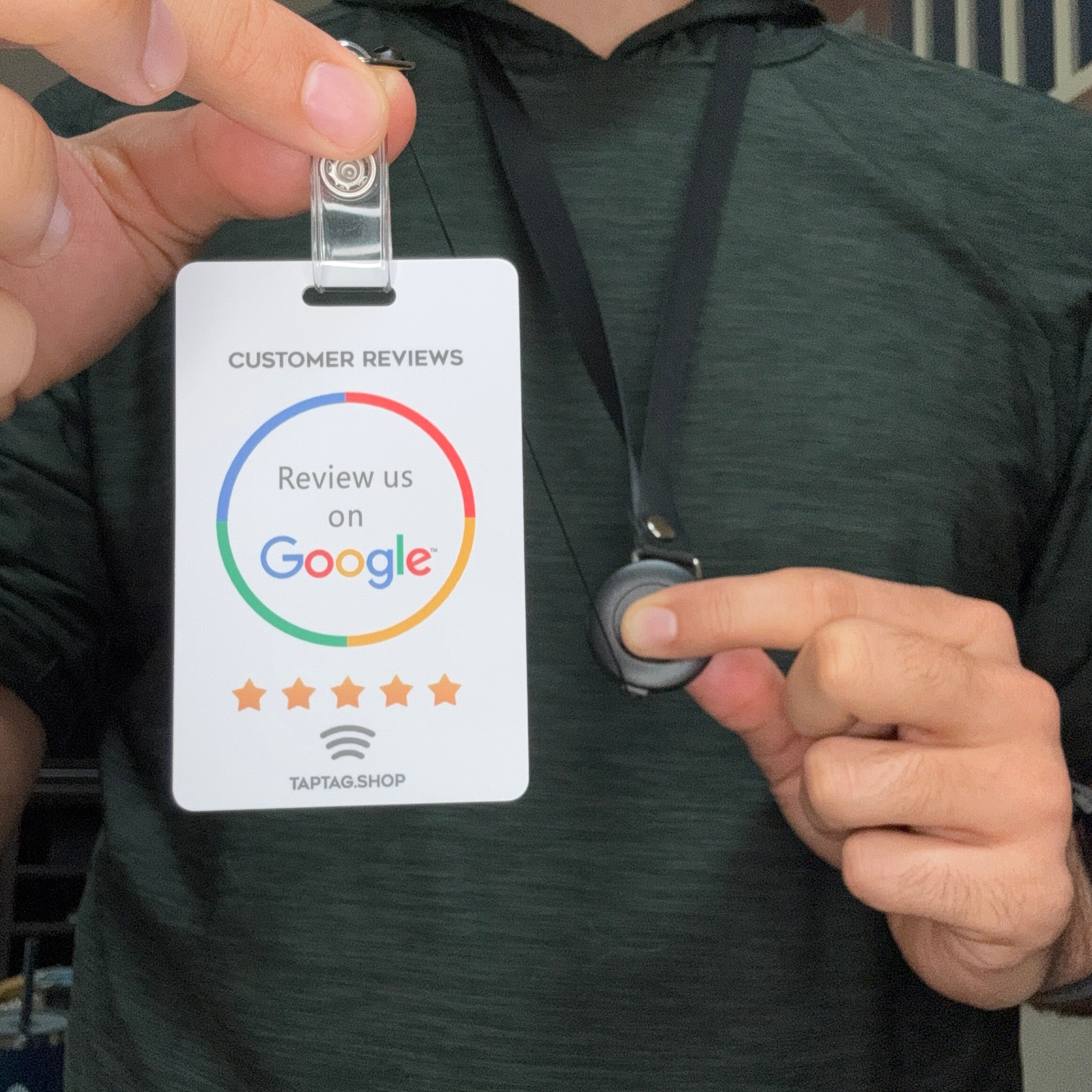 Tap Google Lanyard. Tap for google reviews, has tap ability and QR code. Zip lanyard for belt loop