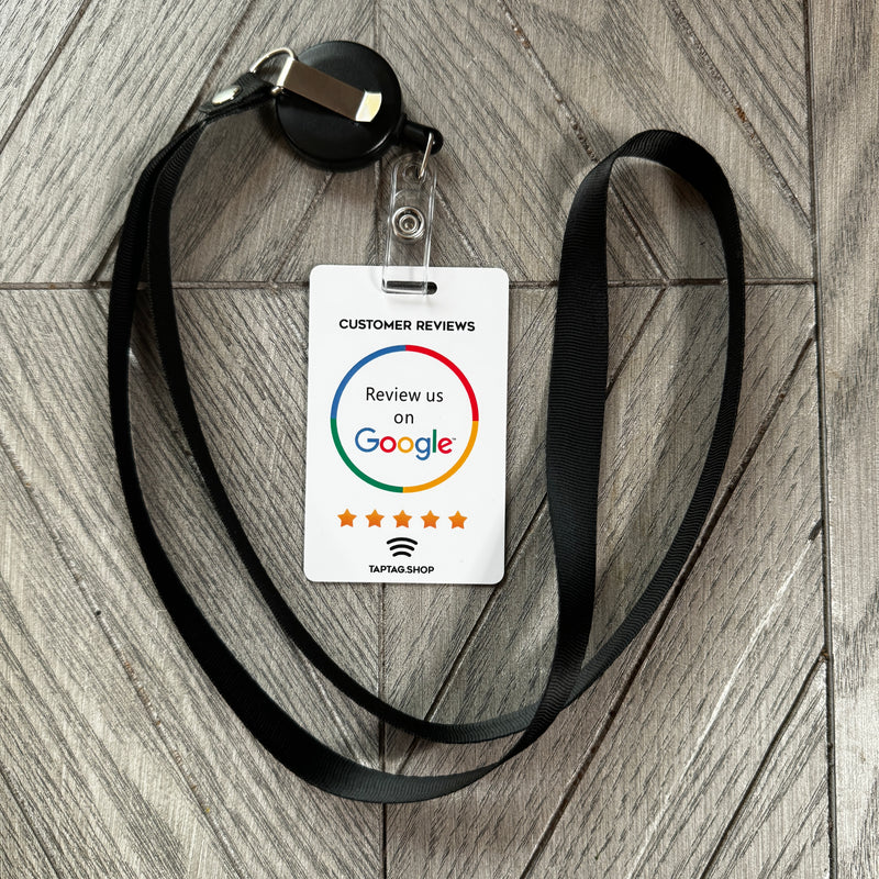 Tap Google Lanyard. Tap for google reviews, has tap ability and QR code. Zip lanyard for belt loop