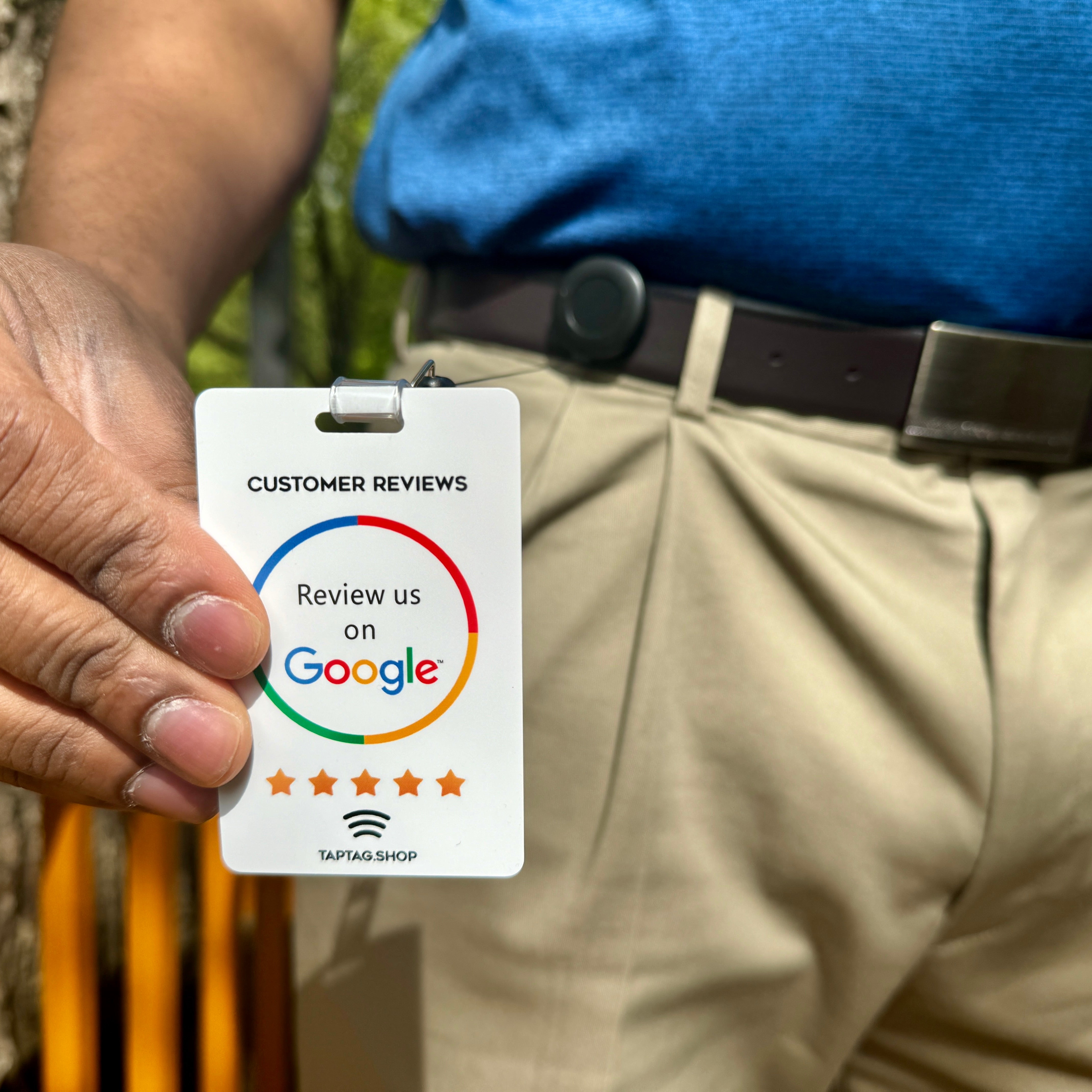 Tap Google Lanyard. Tap for google reviews, has tap ability and QR code. Zip lanyard for belt loop