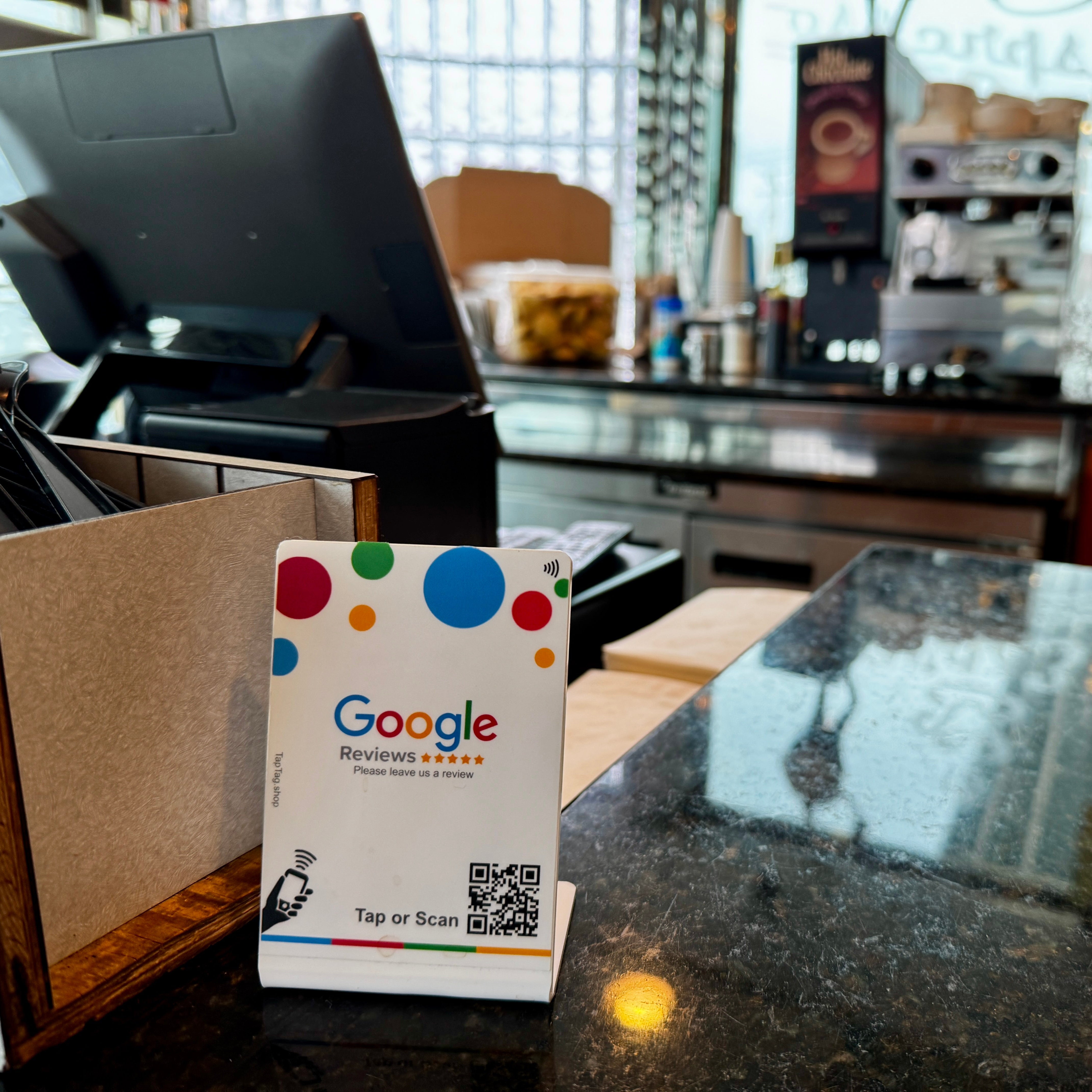 Google tap table topper standup L-shaped Sign to capture google reviews. Small option.