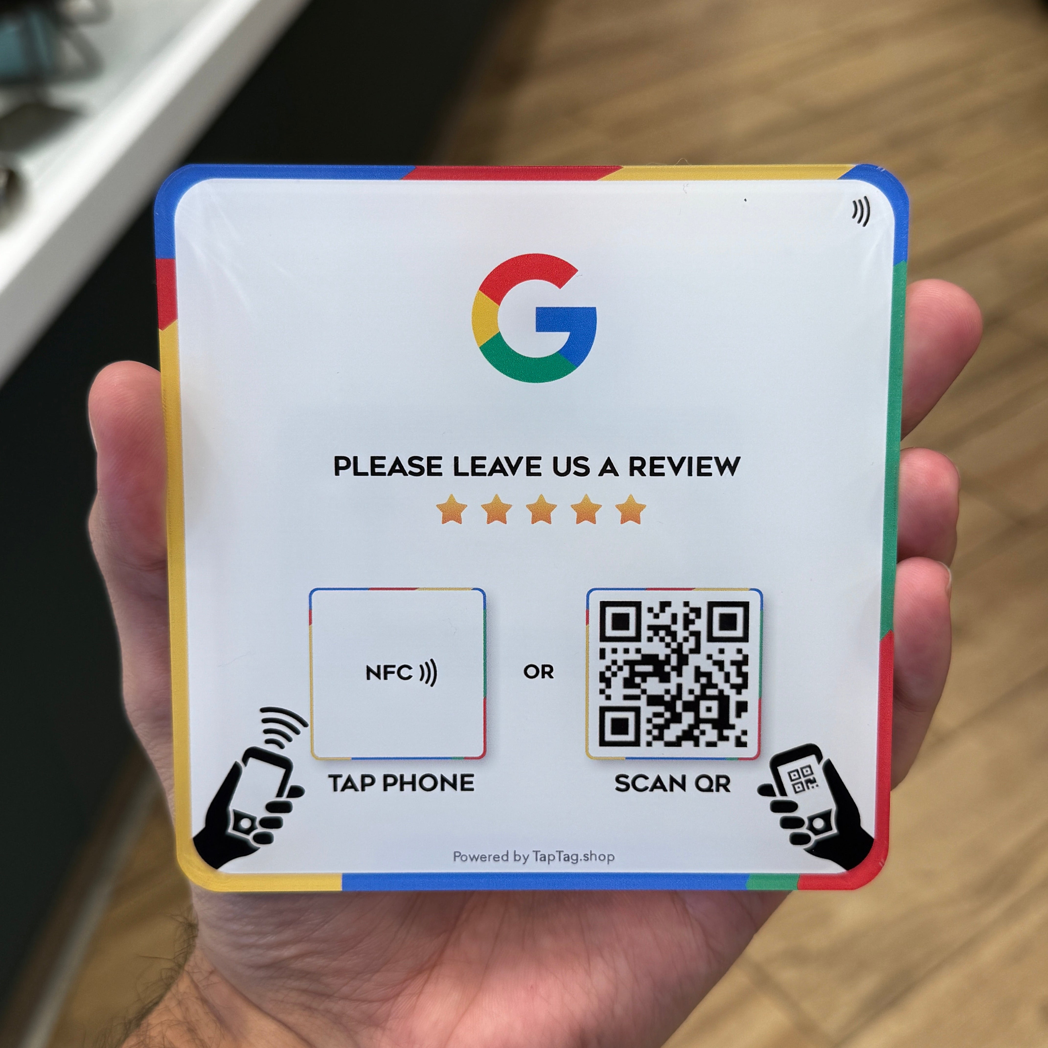 Tap acrylic google review squareplaque plate that allows you to tap a smartphone to get google review. Place on a counter or window. Sticky backside