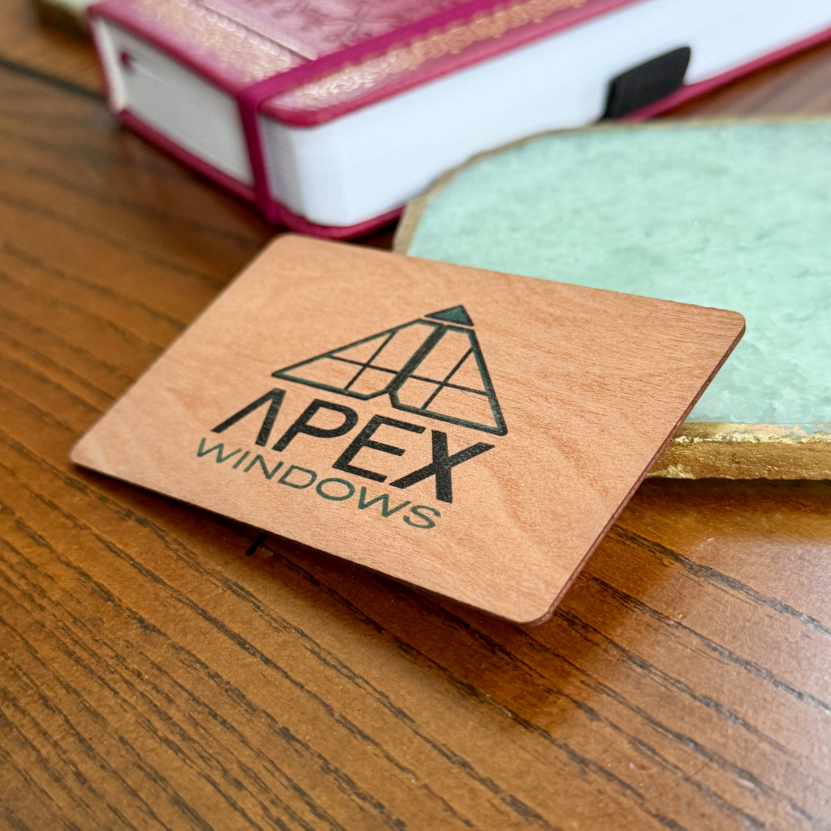 Custom Cherry wood nfc tap business card, tap to share contact info and digital profile. Custom artwork and logo in full color with a UV printed color edge to edge